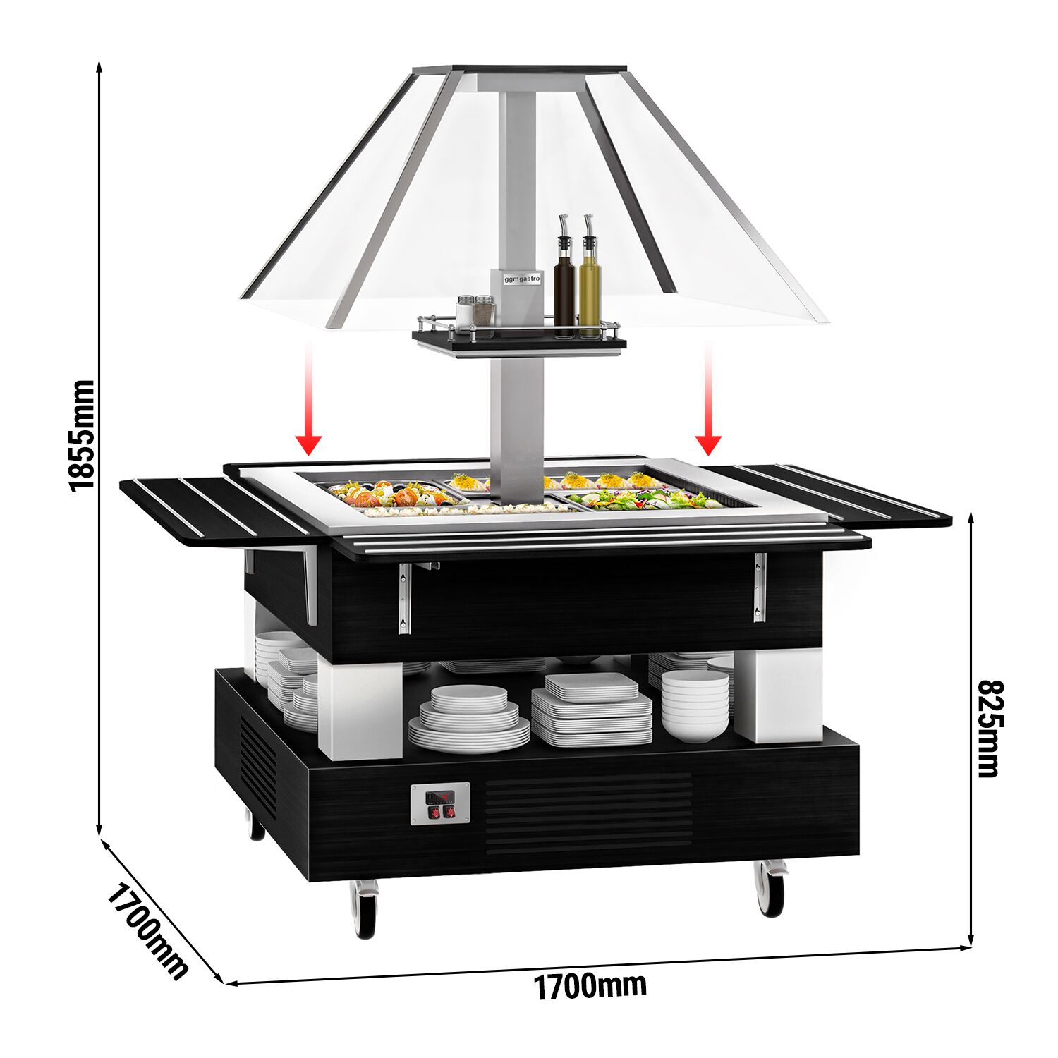 Bar à salades / buffet froid DUBLIN - 1700 mm - avec vitrine en verre inclinée - pour 4x GN 1/1 - Noir
