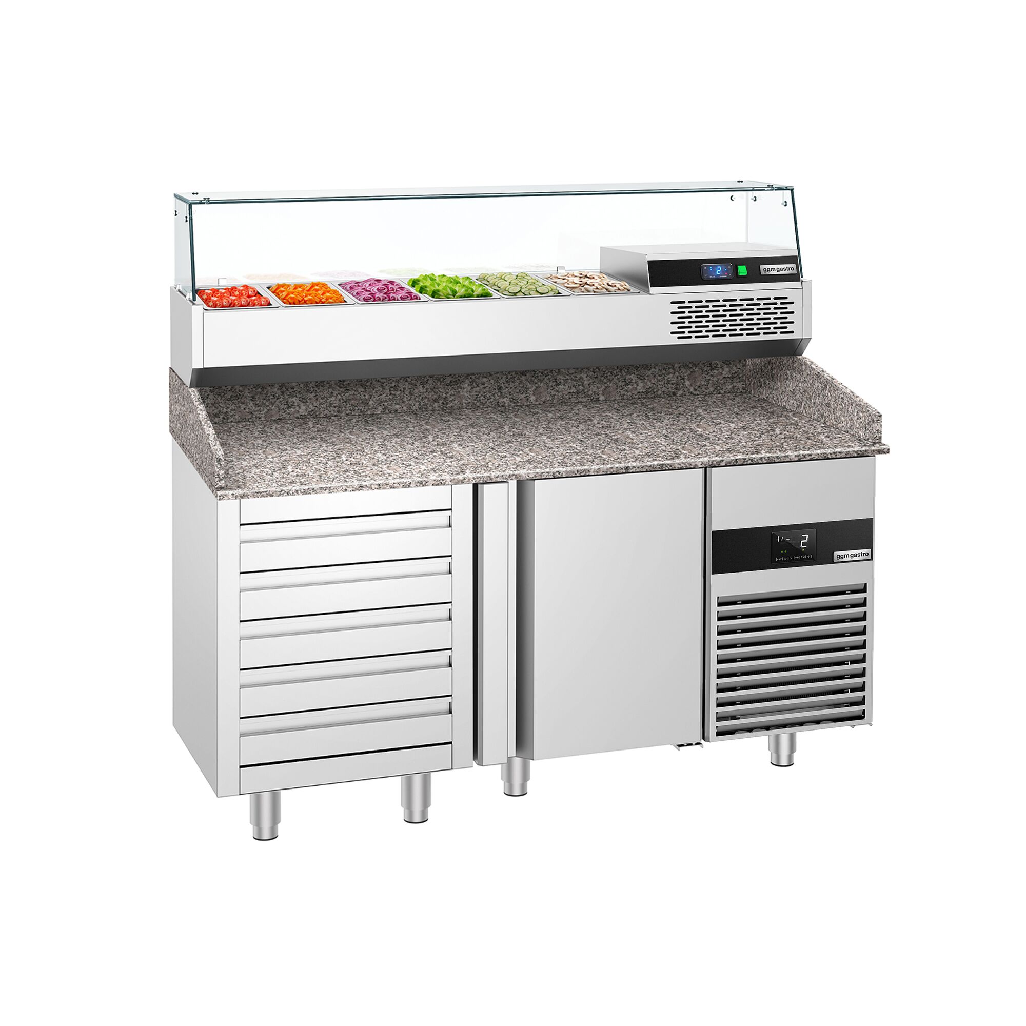Table réfrigérée à pizza PREMIUM - 1550x800 mm - avec 1 porte & 5 tiroirs - incl. vitrine réfrigérée - 6x GN 1/3