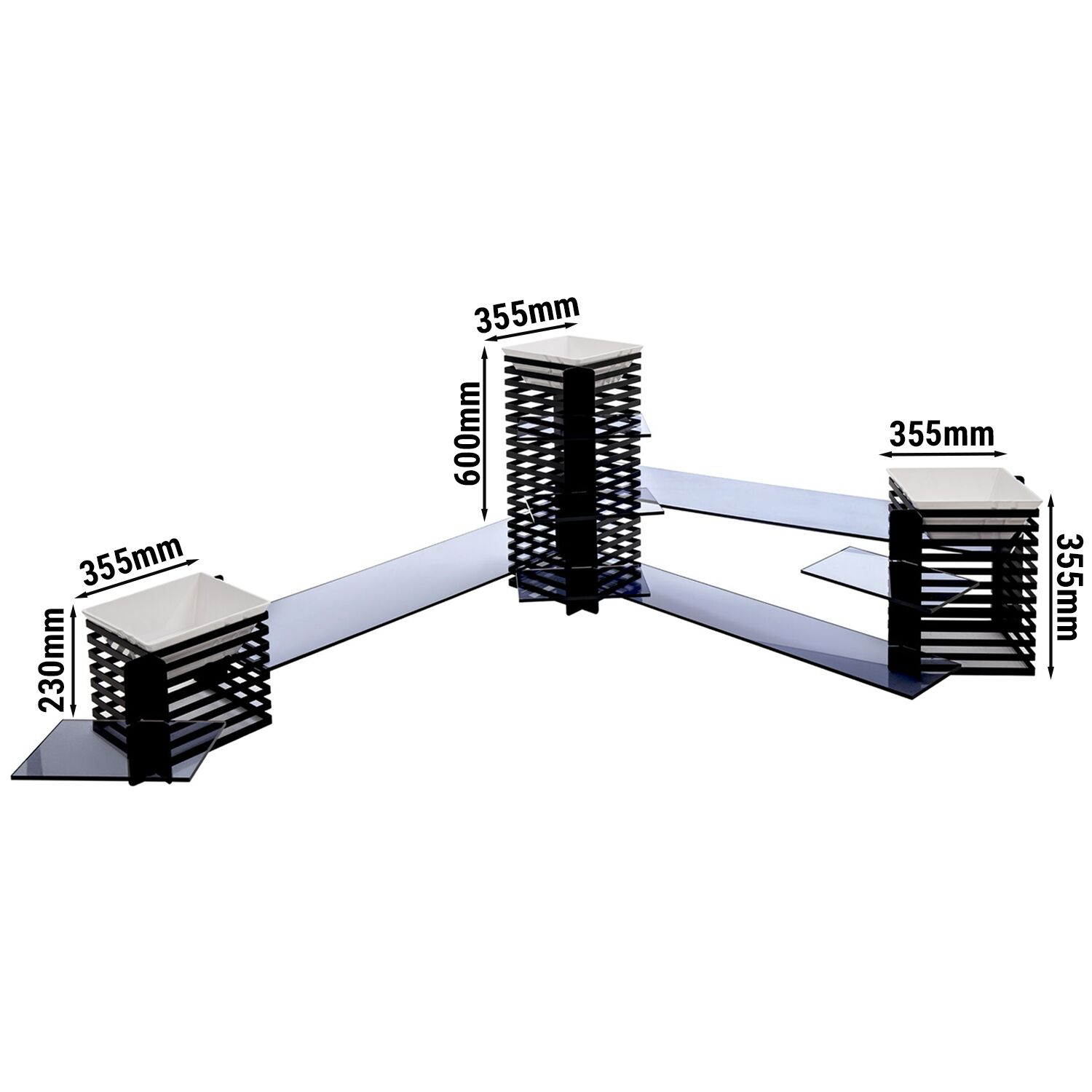 Stojak bufetowy - 3-poziomowy - stal nierdzewna i plexiglas - Wys.: 600mm - Kwadratowy - Czarny - w zestawie 3 miski melaminowe