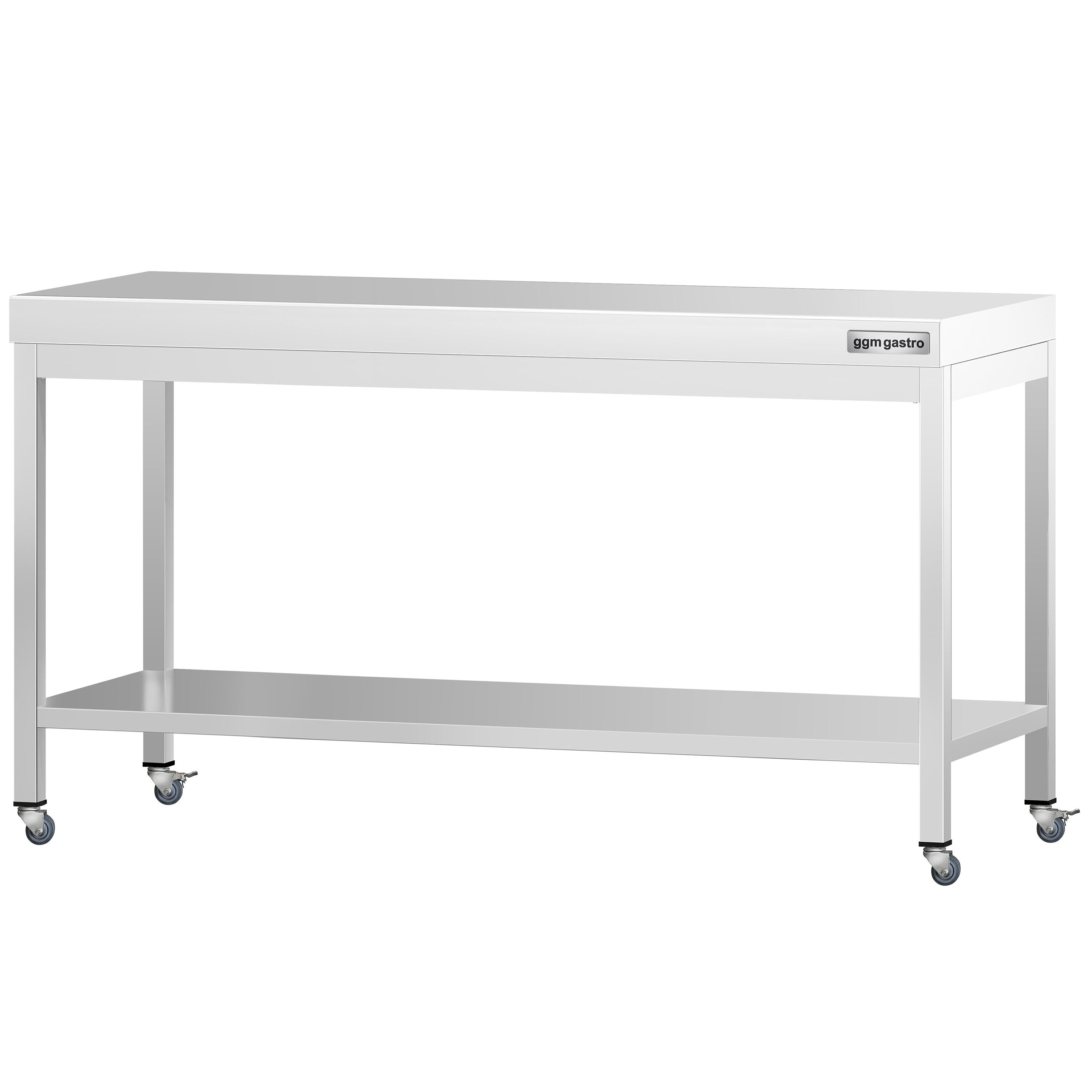 Table de travail en inox PREMIUM - 2000 x 600 mm - avec tablette inférieure et roulettes
