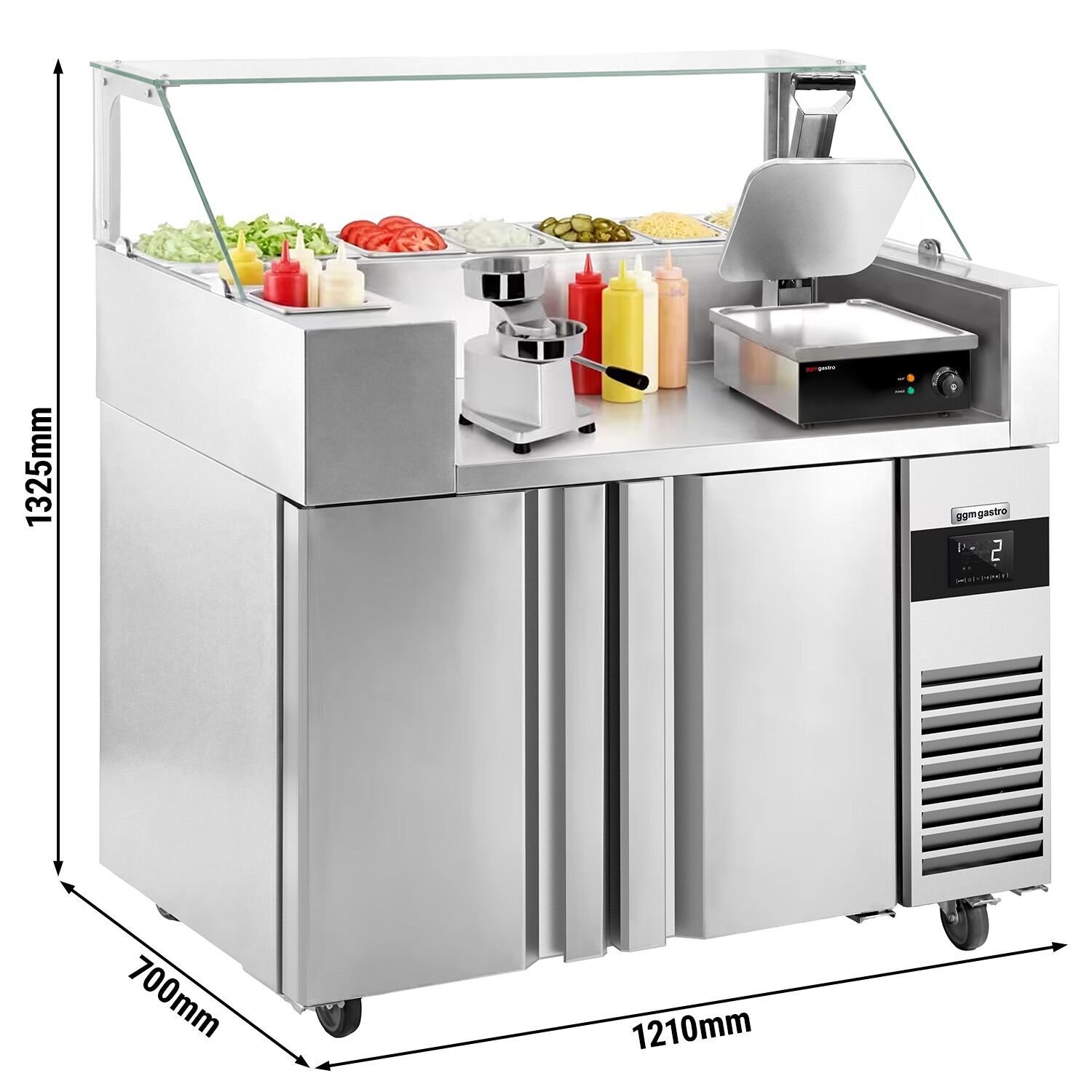 Table de préparation – 1210 mm – 2 portes – pour 9 bacs GN 1/6 – incl. grill de contact & machine à hamburgers
