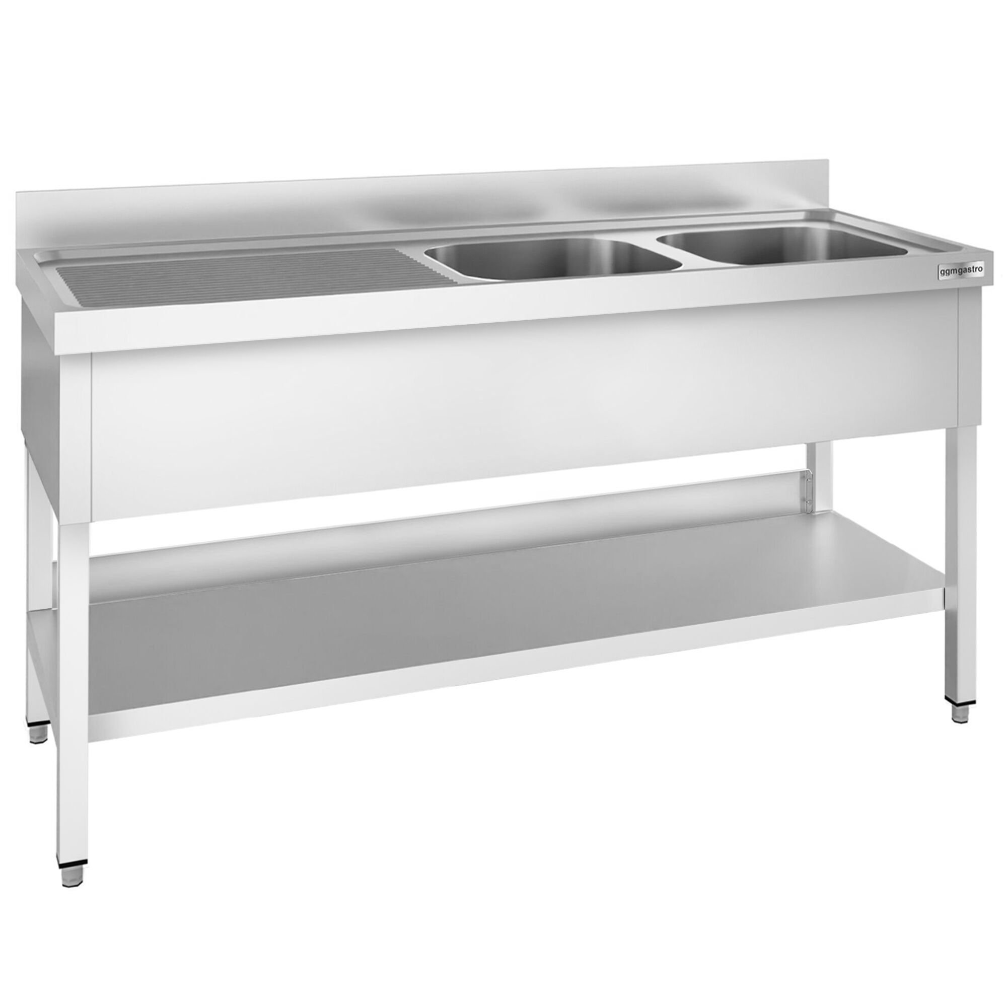 Plonge en inox PREMIUM - 2000x600mm - avec étagère basse - 2 bacs à droite