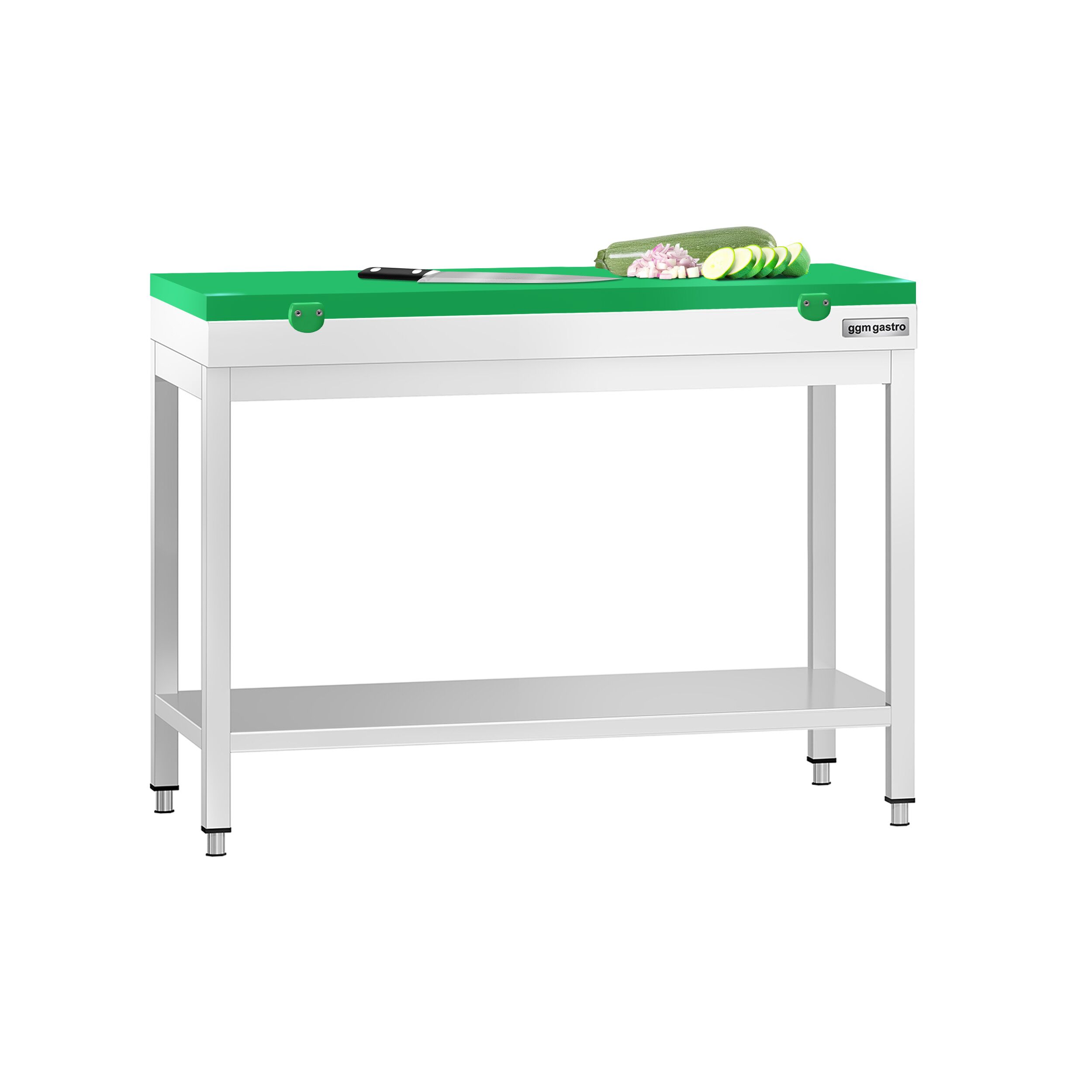 Table de travail inox PREMIUM - 1000 x 700 mm - avec tablette inférieure - incl. Planche à découper Verte