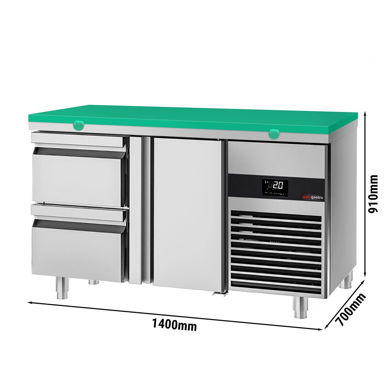 Table réfrigérée PREMIUM - 1400x700 mm - avec 1 porte - 2 tiroirs - incl. planche à découper verte