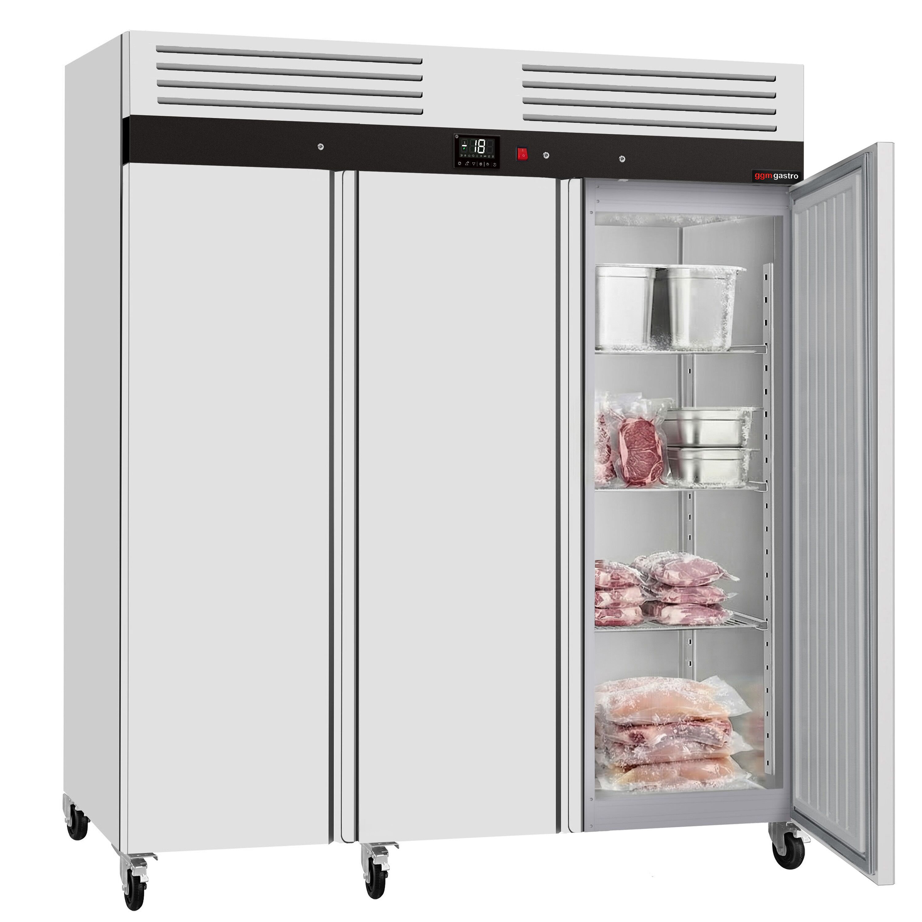 Armoire réfrigérée négative en acier inoxydable ECO - 1800 litres - avec 3 portes en inox - face intérieure des portes en plastique