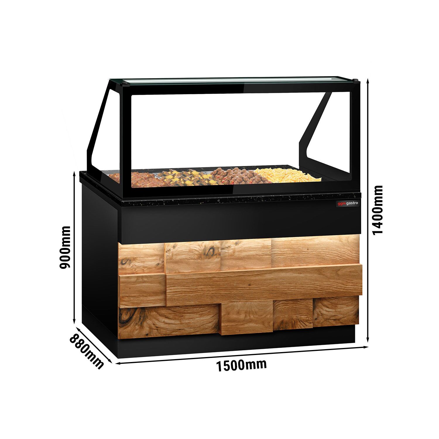 Vitrine chauffante TORONTO – 1500 mm – façade en bois – pour 4 × GN 1/1 – plan de travail en granit noir