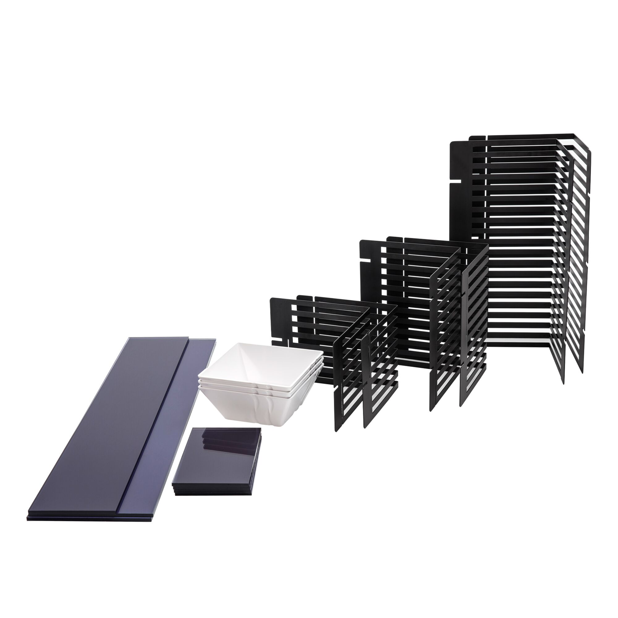 Stojak bufetowy - 3-poziomowy - stal nierdzewna i plexiglas - Wys.: 600mm - Kwadratowy - Czarny - w zestawie 3 miski melaminowe