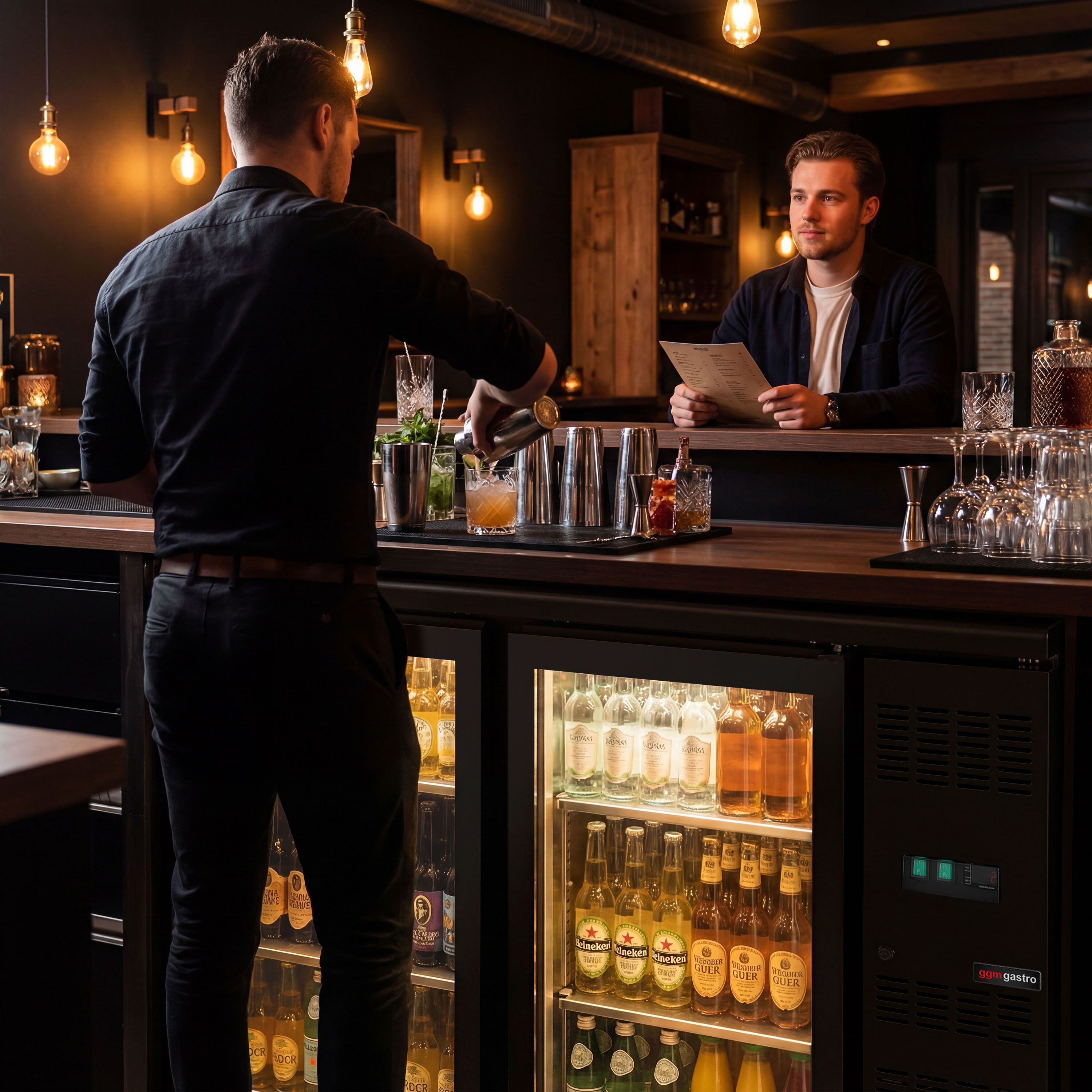 Arrière-bar réfrigéré professionnel ECO - 1462 mm - 2 portes vitrées sans cadre - Noir