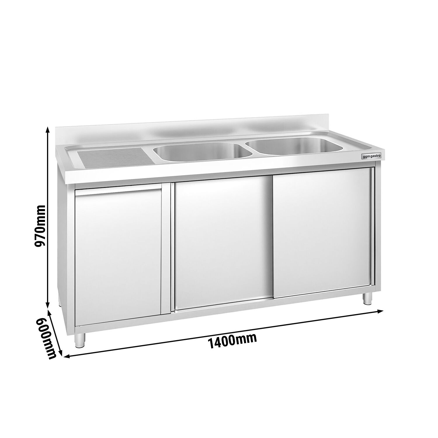 Meuble plonge PREMIUM - 1400x600mm - avec poubelle intégrée et 2 bacs