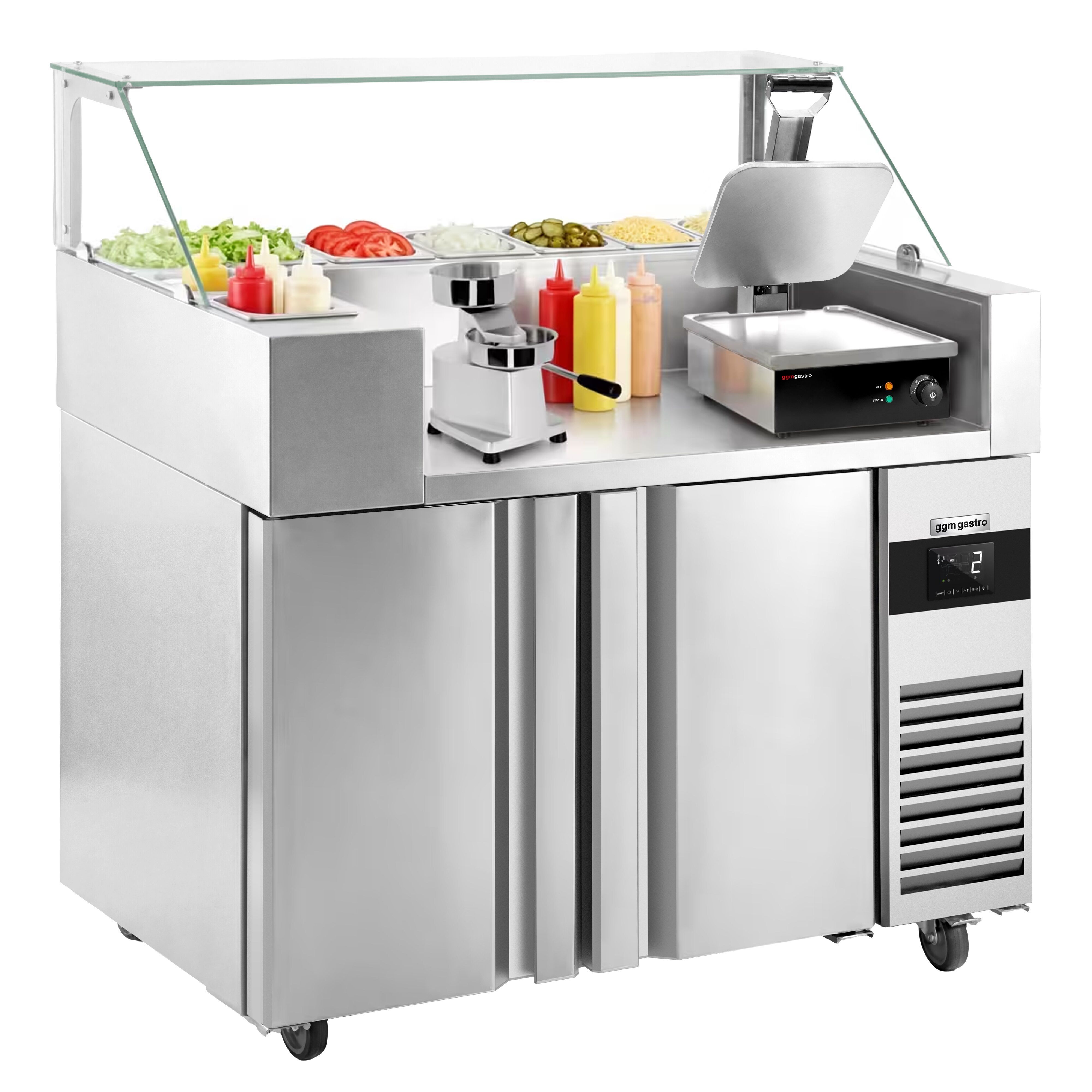 Table de préparation – 1210 mm – 2 portes – pour 9 bacs GN 1/6 – incl. grill de contact & machine à hamburgers
