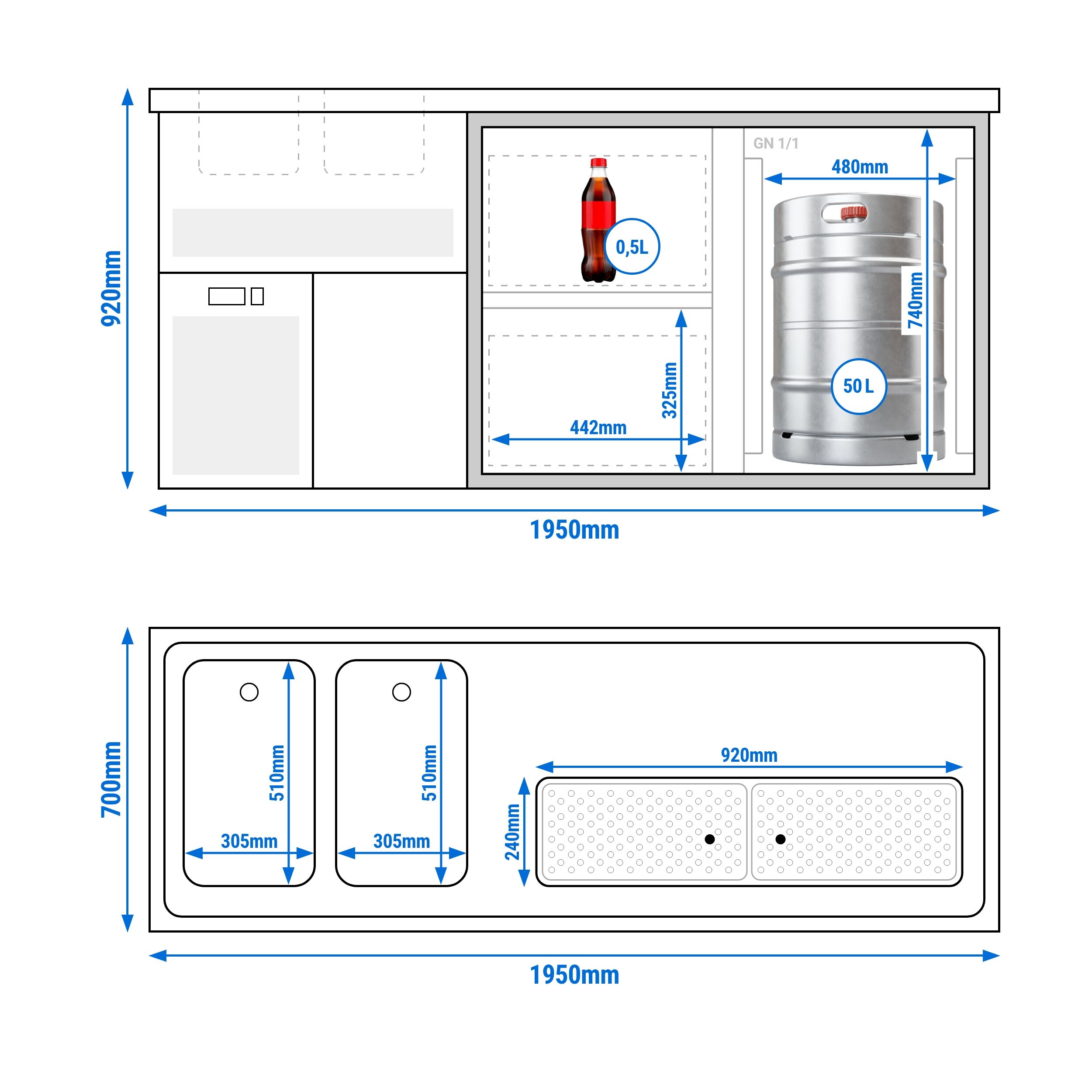 Comptoir à bière Premium PLUS – 1950 × 700 mm – 1 porte & 2 tiroirs