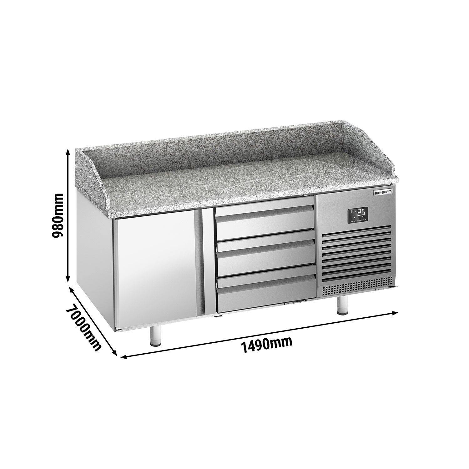 Table réfrigérée à pizza Premium PLUS - 1490 x 700 mm - avec 1 porte et 3 tiroirs