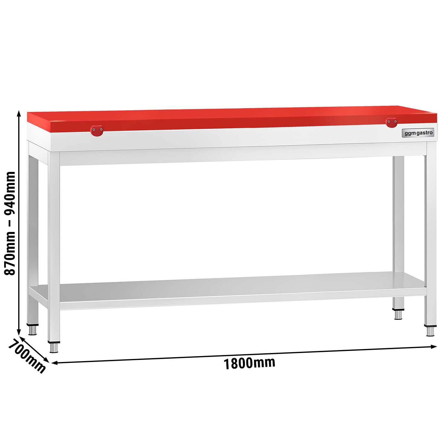Table de travail inox PREMIUM - 1800 x 700 mm - avec tablette inférieure - incl. Planche à découper Rouge