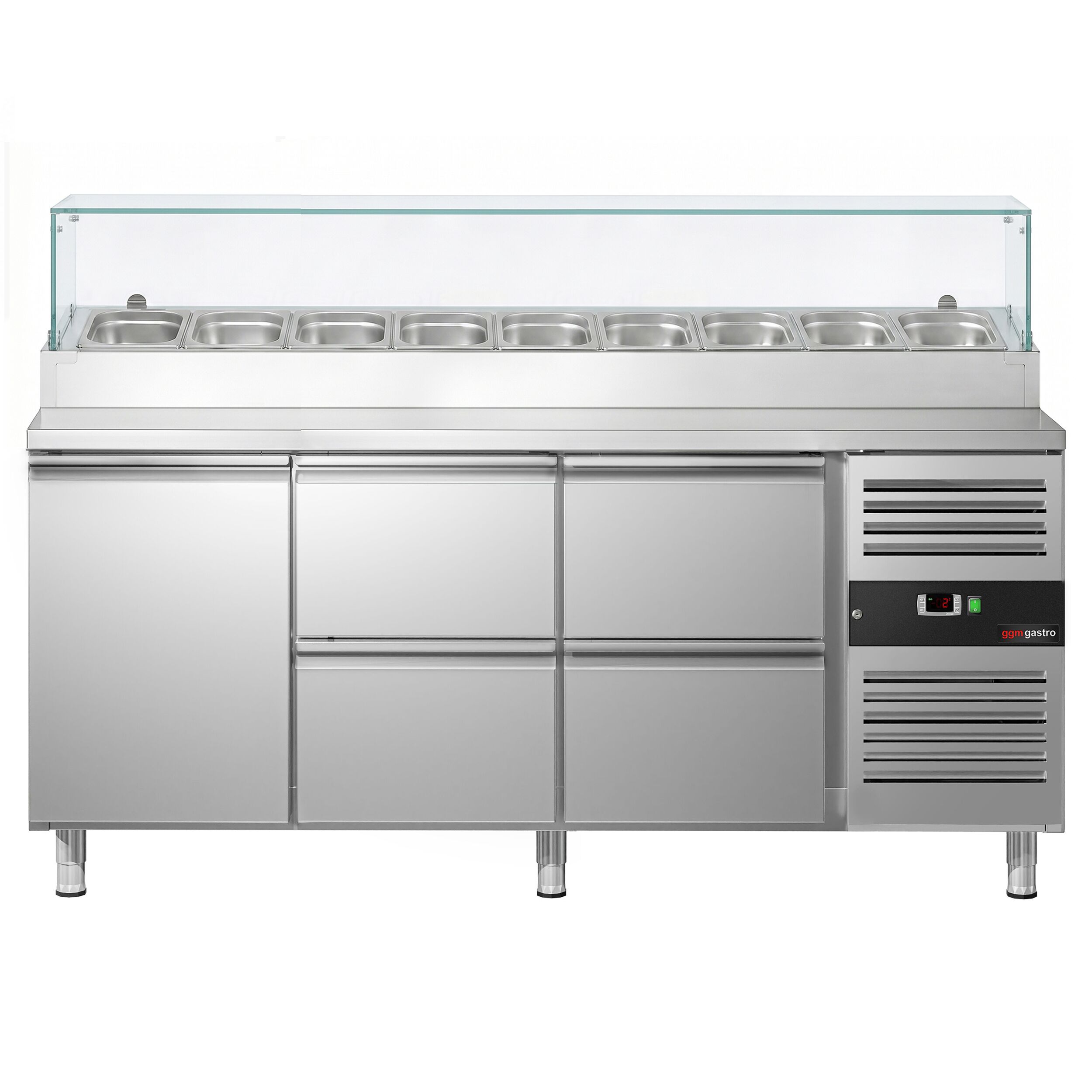 Zubereitungstisch PREMIUM - 1795mm - 1 Tür & 4 Schubladen - mit Glasaufsatz - für 9x GN 1/3