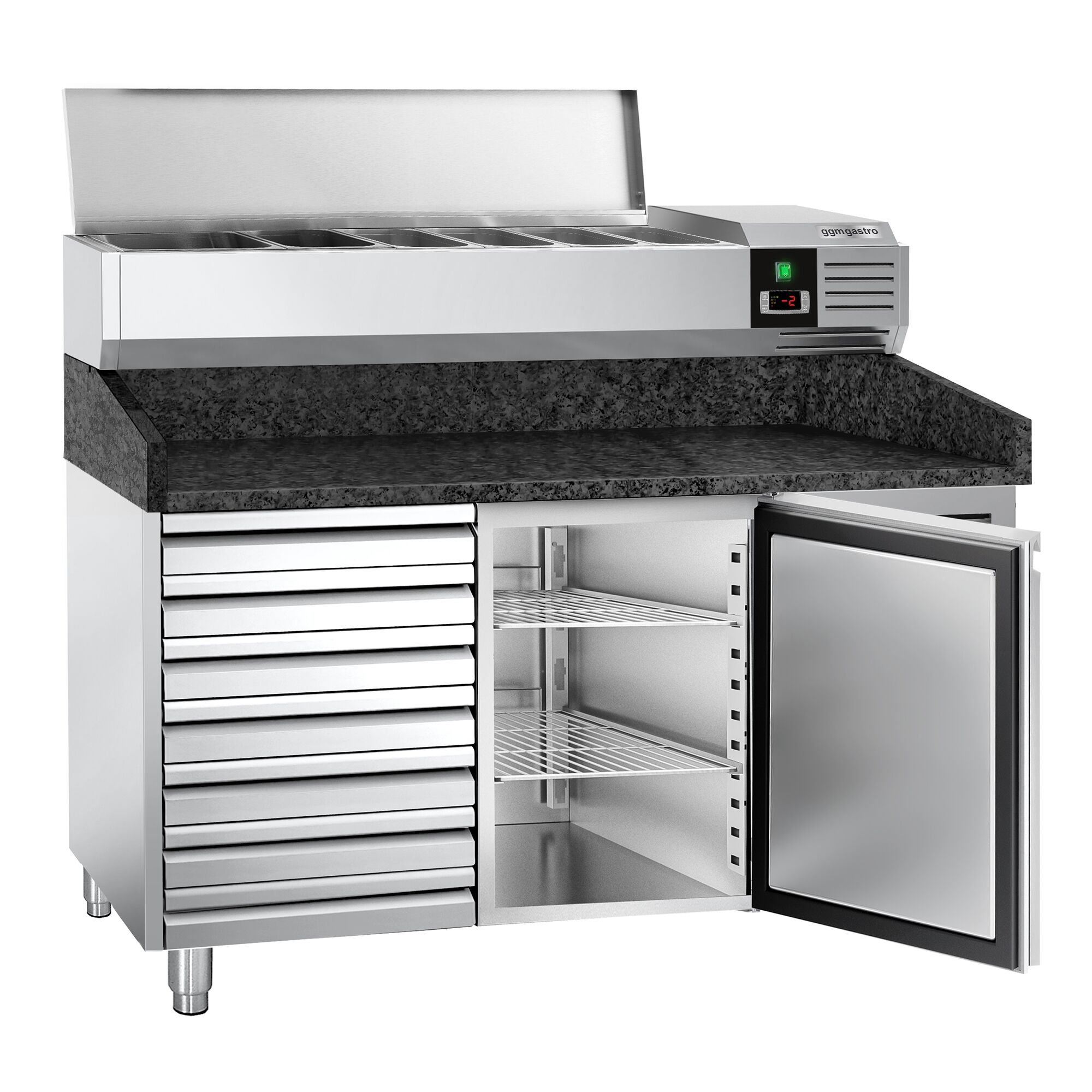 Table réfrigérée à pizza PREMIUM - 1500 x 800 mm - avec 1 porte et 7 tiroirs - incl. vitrine réfrigérée - 6 x GN 1/3
