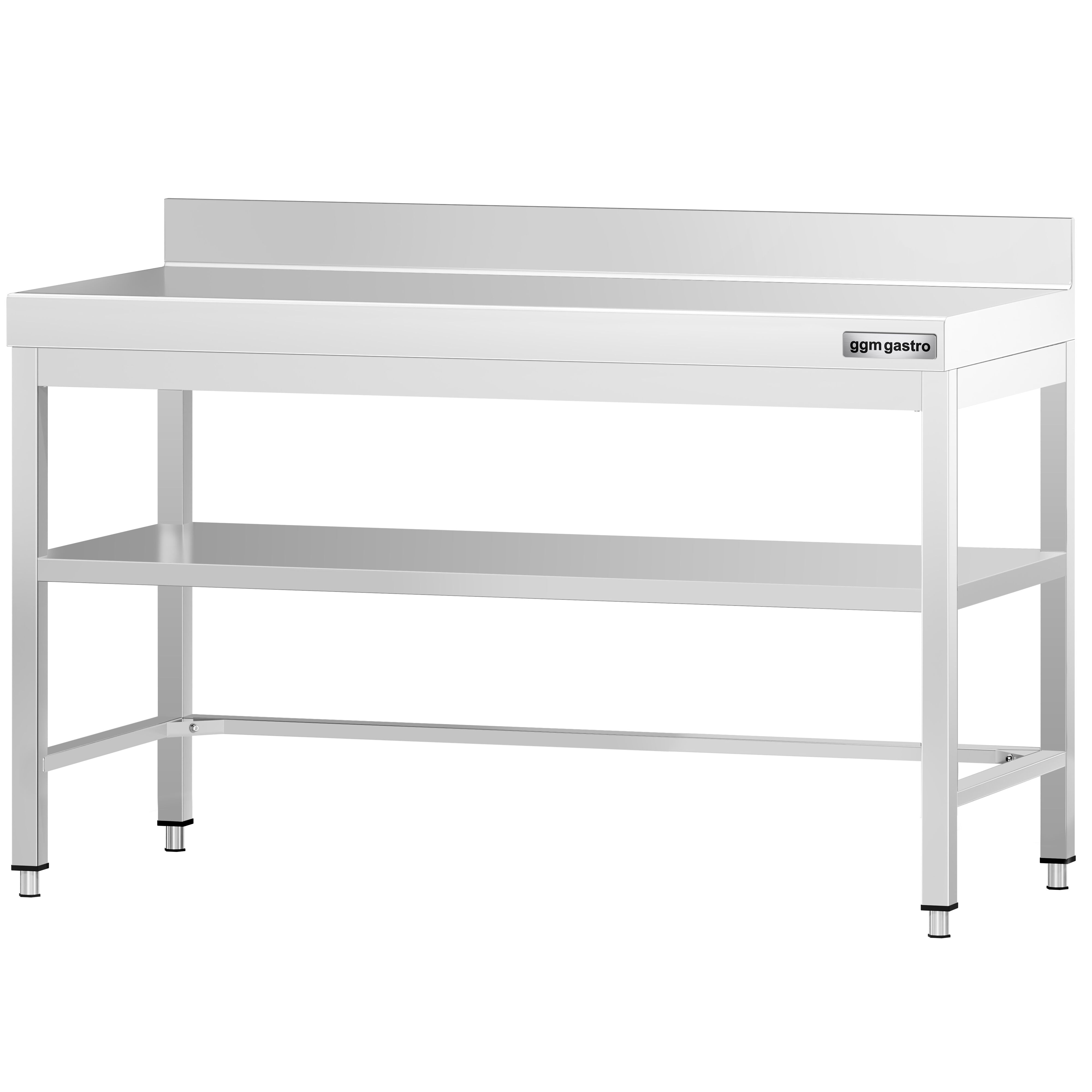 Table de travail en inox PREMIUM – 1400x600 mm – avec tablette inférieure, dosseret et renforts