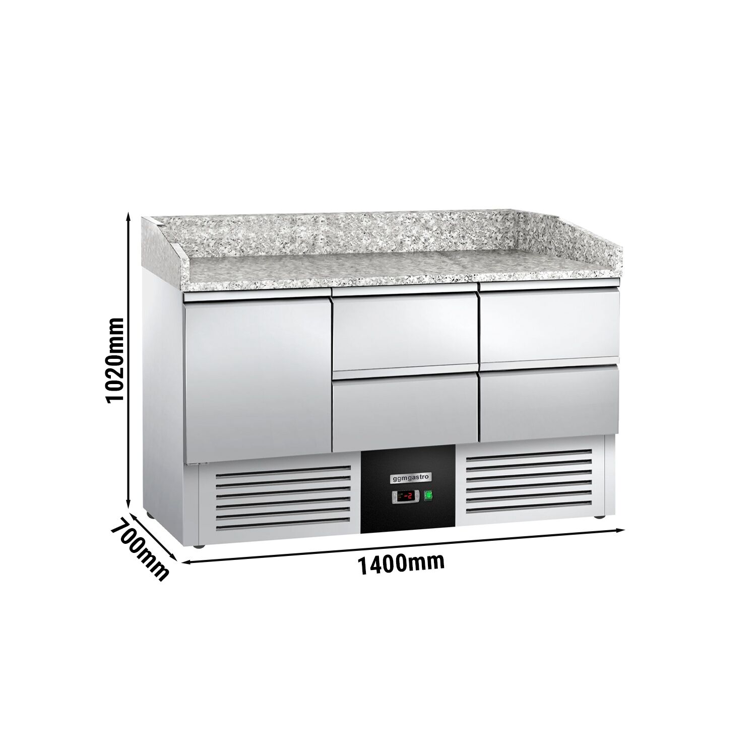 Table réfrigérée à pizza PREMIUM - 1400 x 700 mm - 1 porte et 4 tiroirs