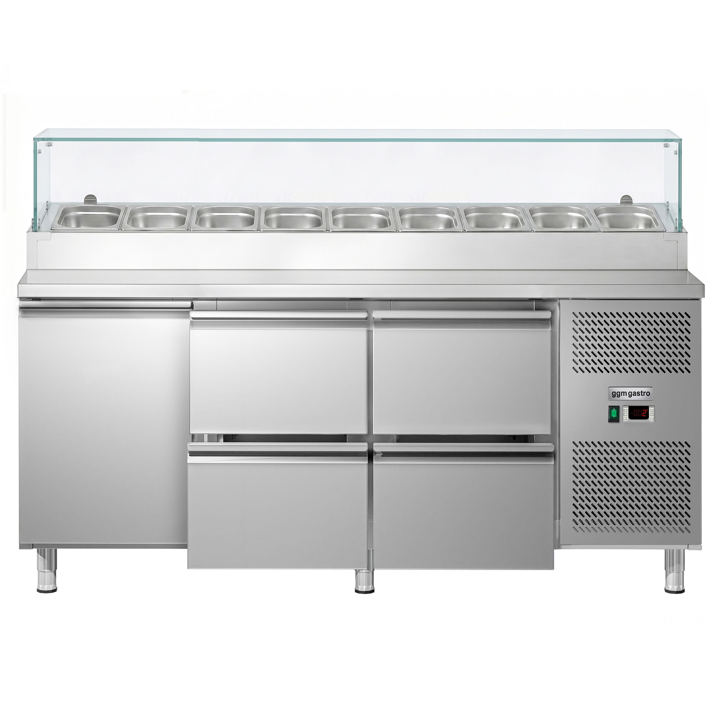 Zubereitungstisch ECO - 1795mm - 1 Tür & 4 Schubladen - mit Glasaufsatz - für 9x GN 1/3