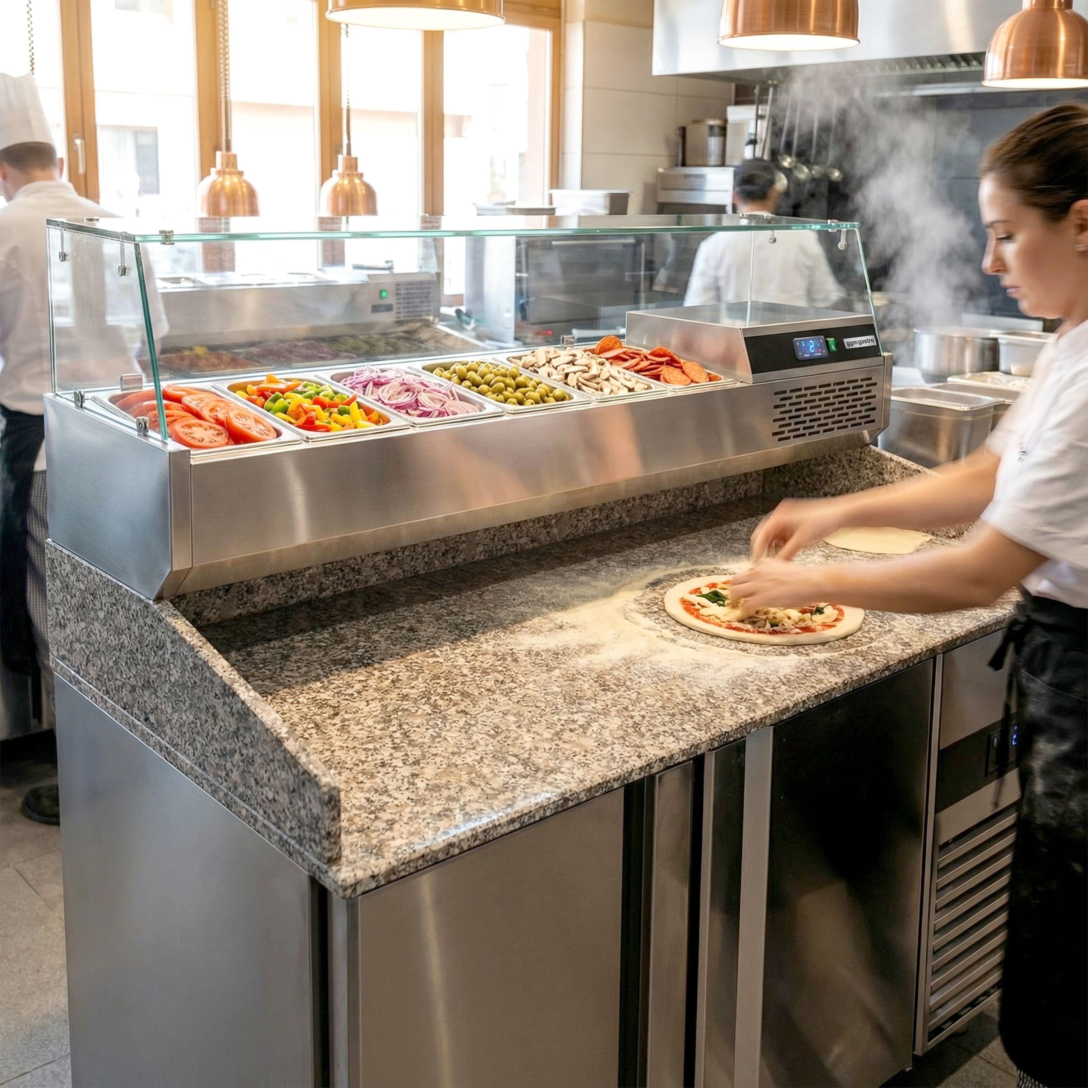 Table réfrigérée à pizza PREMIUM - 1550x800 mm - avec 2 portes - incl. vitrine réfrigérée - 6x GN 1/3