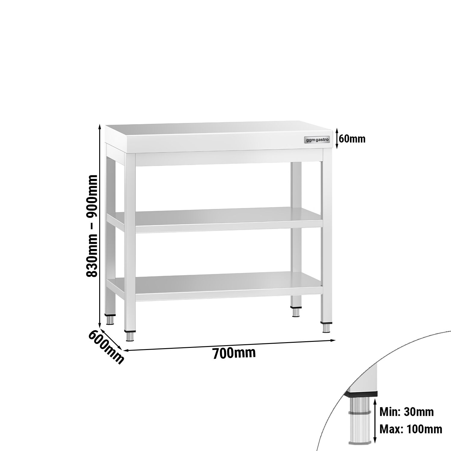 Table de travail inox PREMIUM - 700 x 600 mm - avec tablette inférieure & Tablette intermédiaire