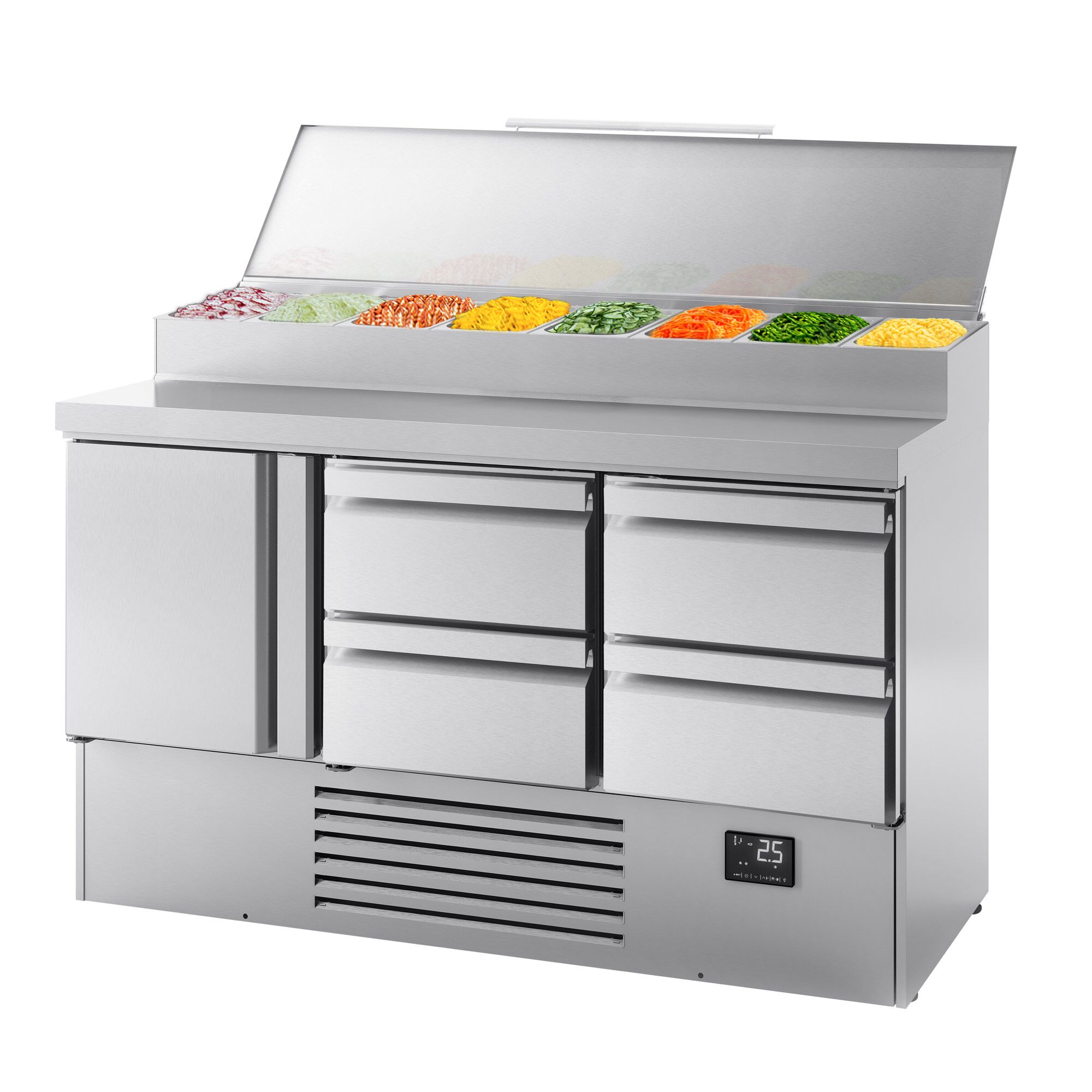 Table réfrigérée de préparation Mini - 1460 x 700 mm - avec 1 porte et 4 tiroirs - avec superstructure en inox 8 x GN 1/4
