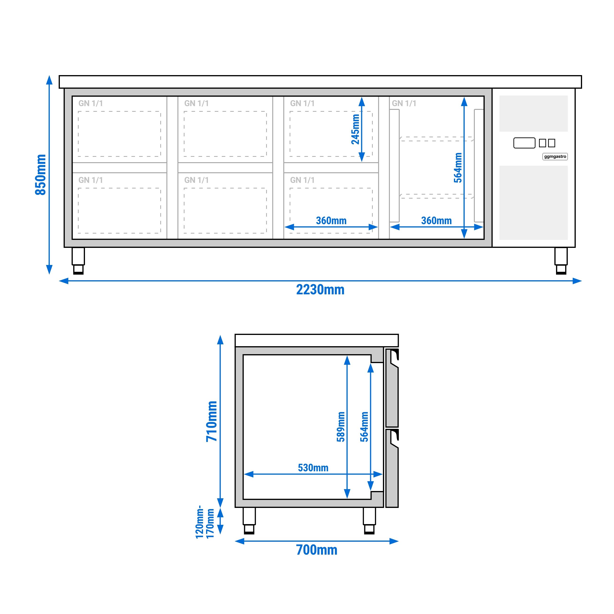 Table réfrigérée ECO - 2230 x 700 mm - avec 1 porte - 6 tiroirs