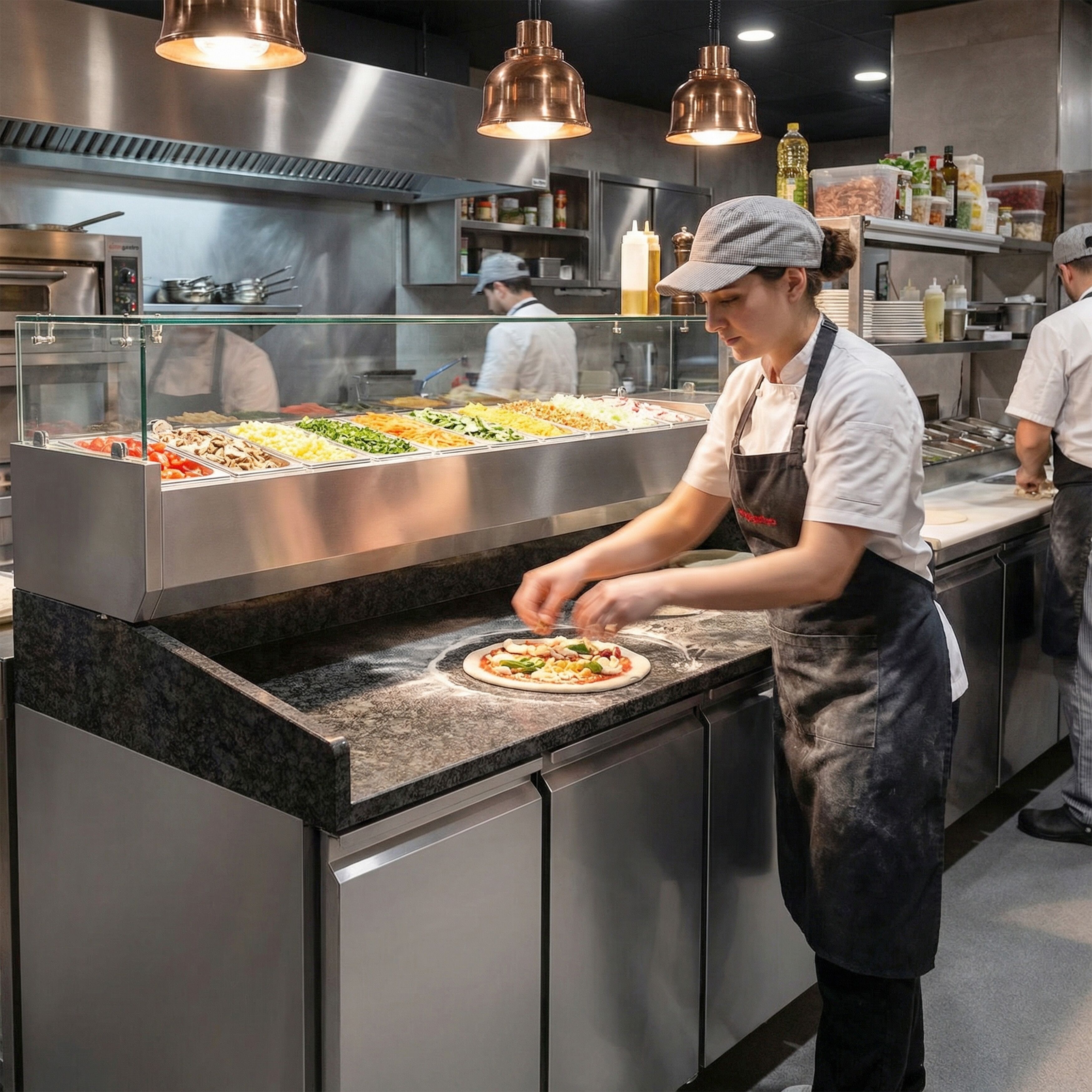 Table réfrigérée à pizza PREMIUM - 2000 x 800 mm - avec 3 portes - incl. vitrine réfrigérée - 10 x GN 1/4