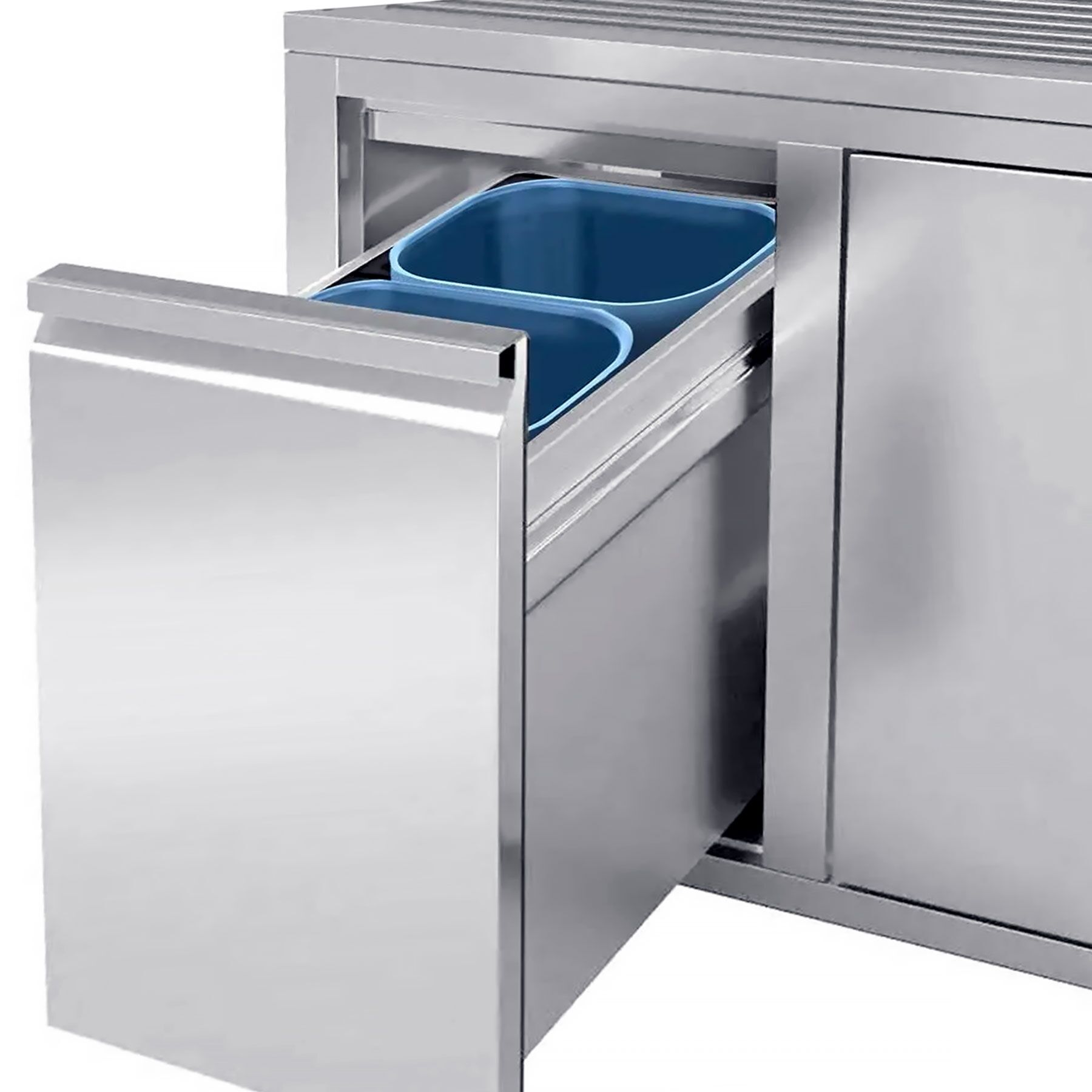 Plonge inox - 1200x600mm - 1 bac à droite - avec égouttoir à gauche - avec dosseret - sur meuble - avec vide‑déchets et poubelle