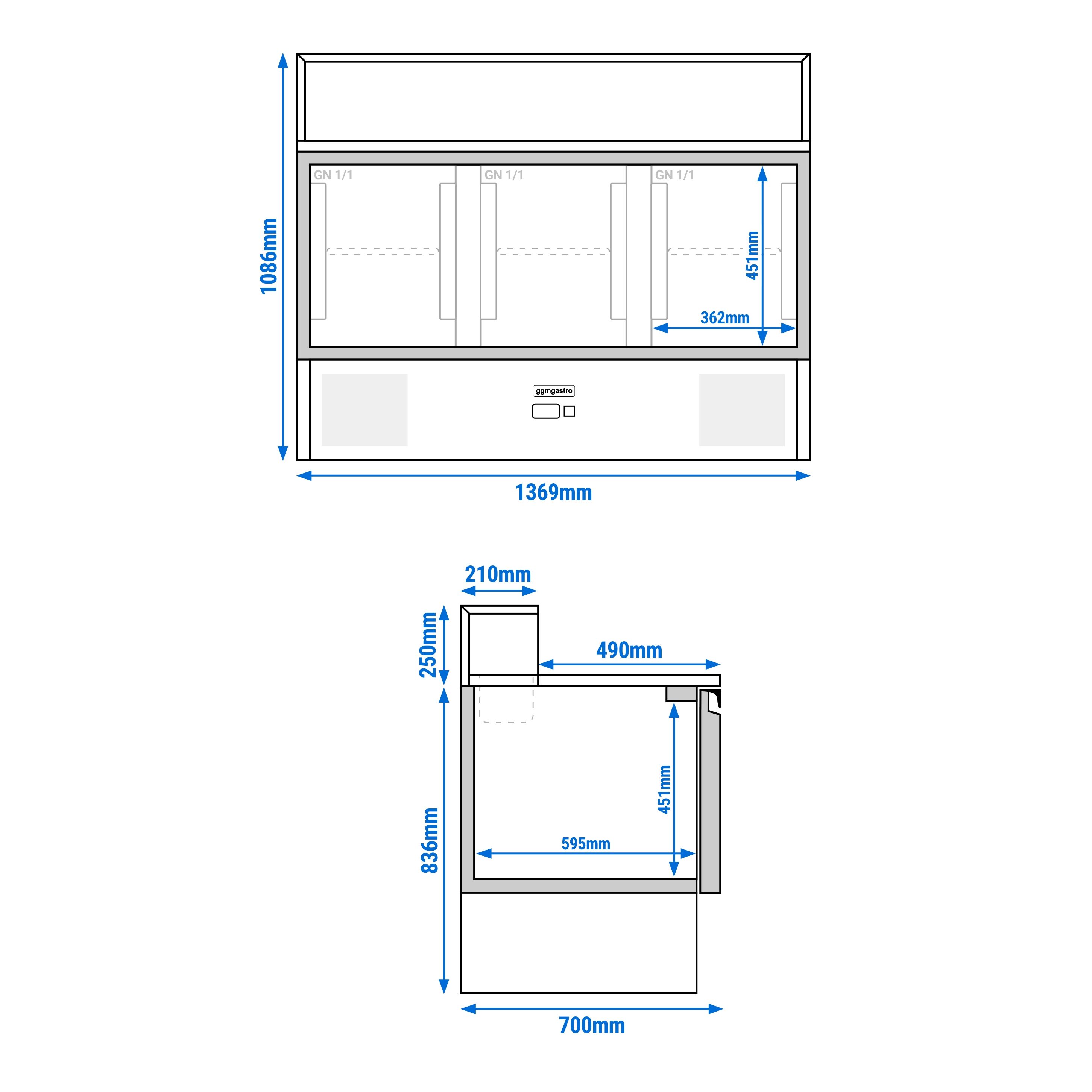 Saladette réfrigérée PREMIUM - 1368mm - 402L - 3 portes - ensemble inox (dessus GN) pour 8x GN 1/6 & Couvercle inox - plan de travail en granit noir