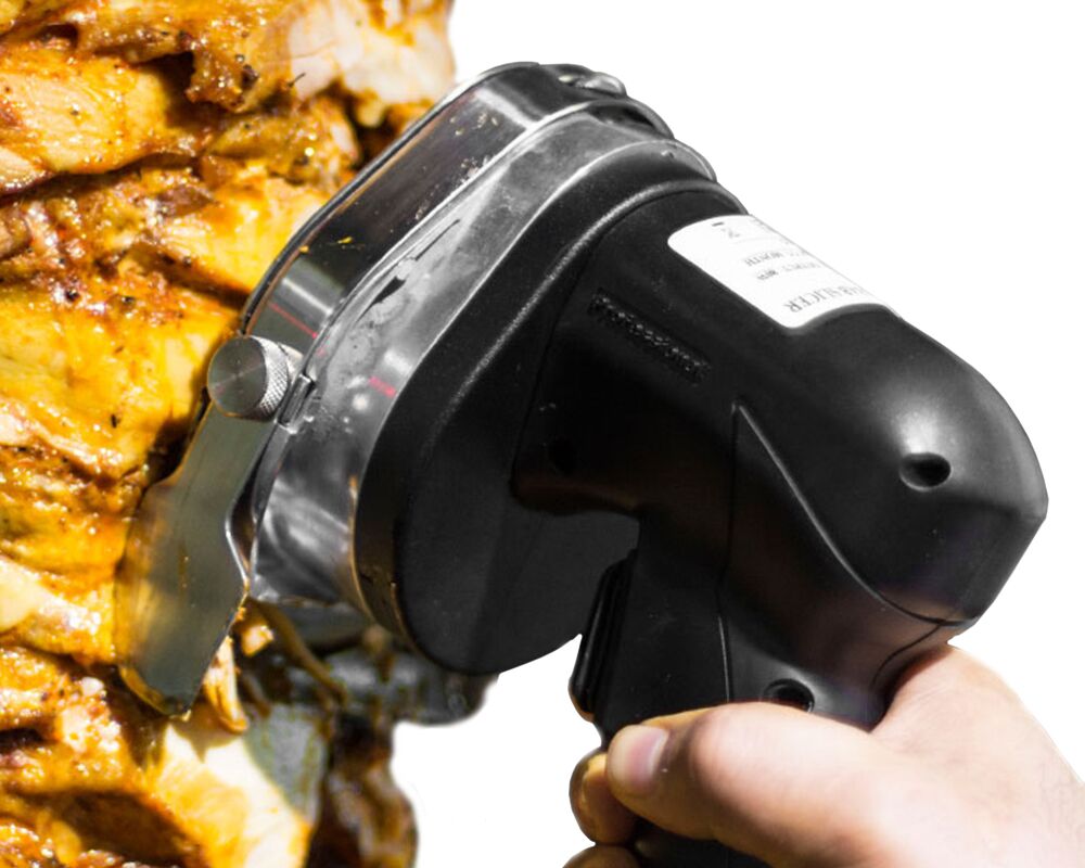 Couteau à kebab électrique sans fil - capacité : 60 kg / jour - avec 2 accumulateurs & pierre à aiguiser
