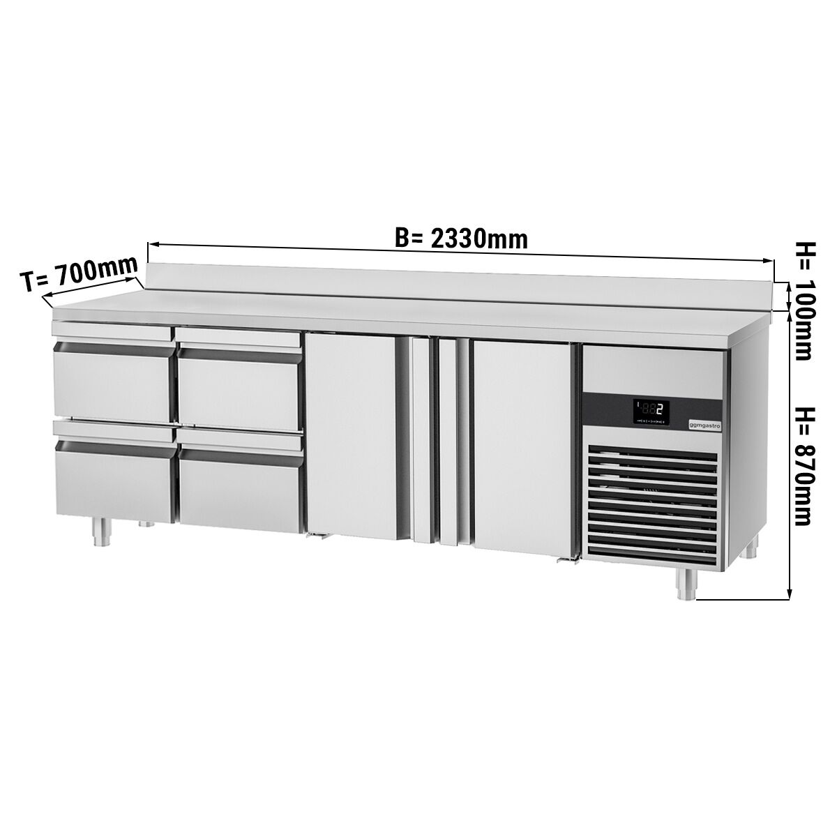 Commercial Refrigerated Worktable PREMIUM - 2330x700 - 2 Doors - 4 Drawers - Upstand