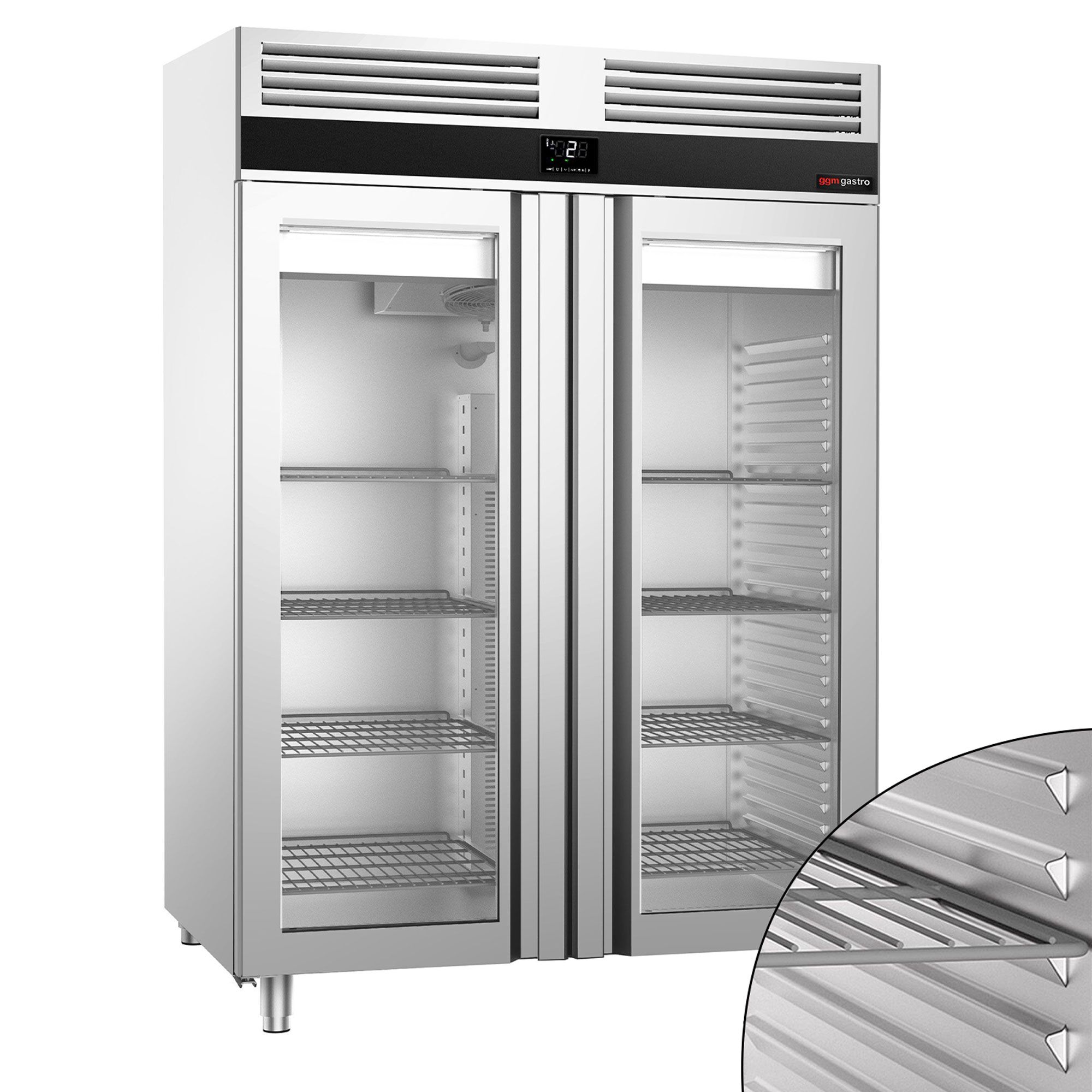 Armoire réfrigérée vitrée positive Inox AISI 304 PREMIUM - GN 2/1 - 1350 L - avec 2 portes vitrées