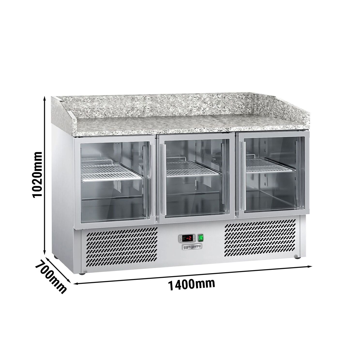 Banco pizza refrigerato ECO - 1400x700mm - con 3 porte in vetro - piano in granito
