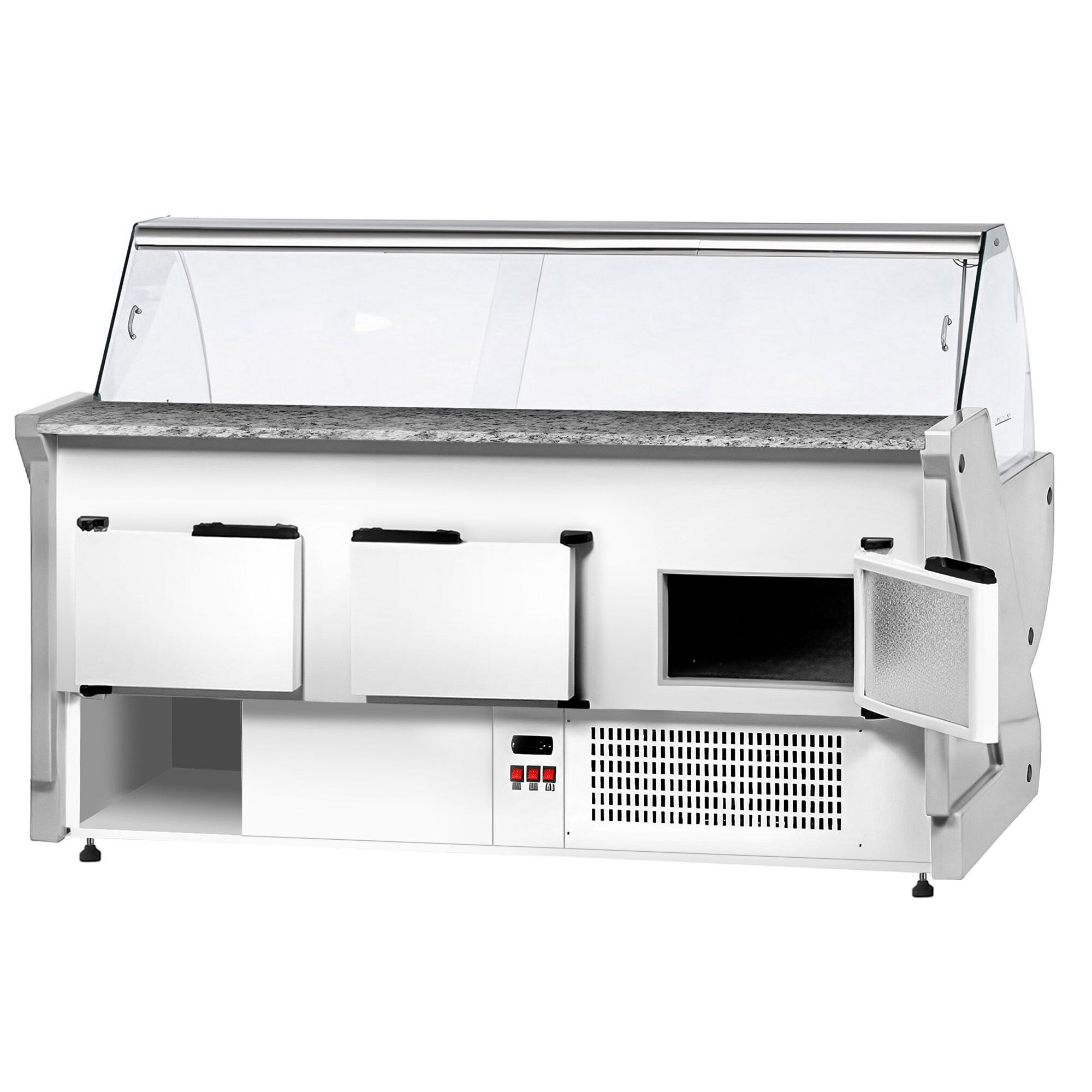 Serve Over Counter - 2515x1150mm - curved front glass - granite worktop - red front - capacity 500 litres