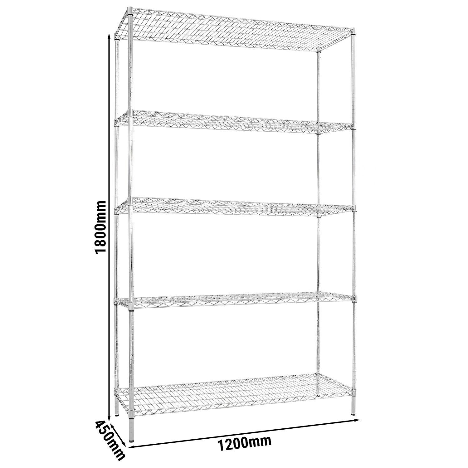 Lagerhylla i stål – kromad - 1200x450 mm - Djup: 450 mm - 5 hyllplan (justerbara) - kromad - Lastkapacitet: 180 kg