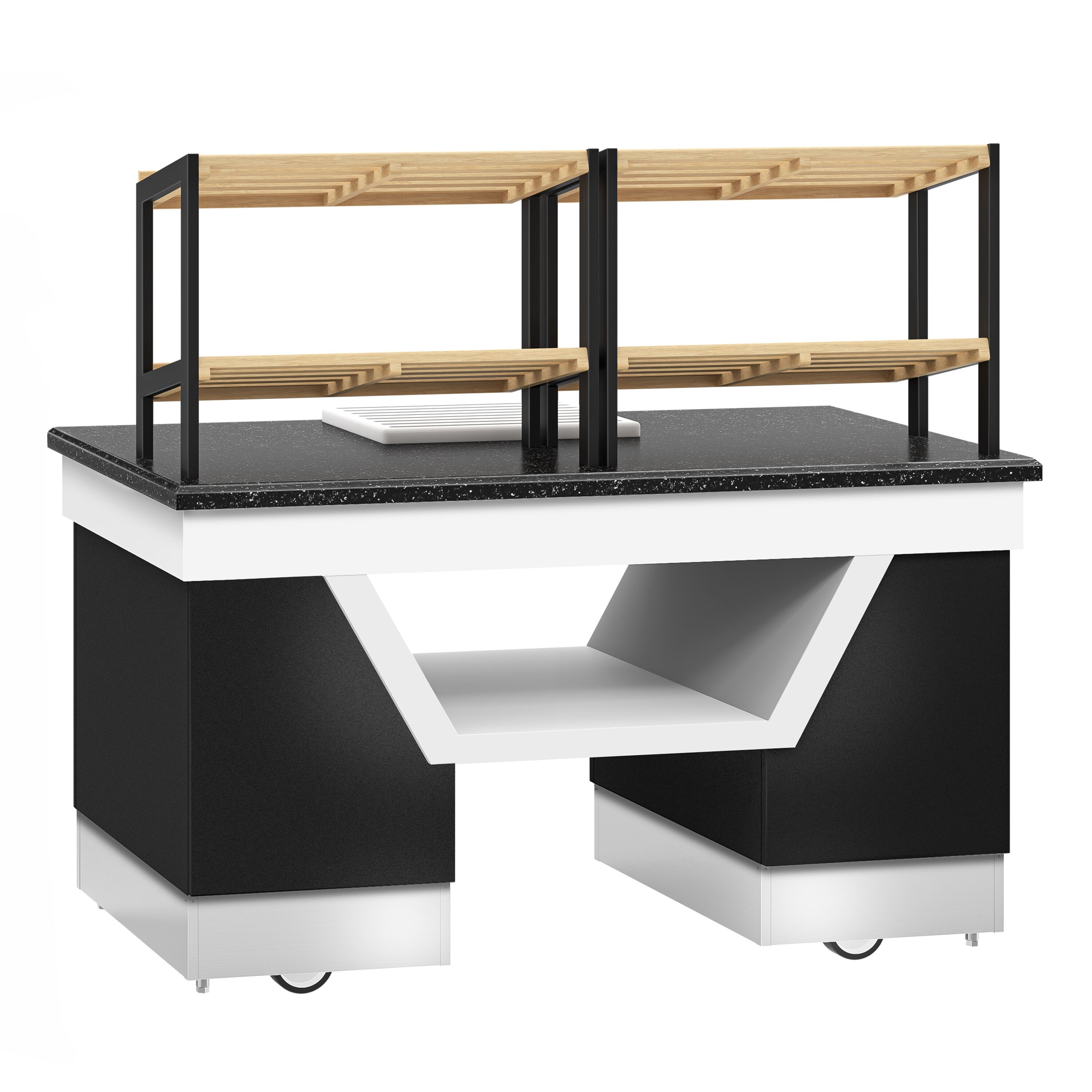 Bakery Display Counter BELFAST - 1600mm - with 2 shelves - on castors - black granite worktop