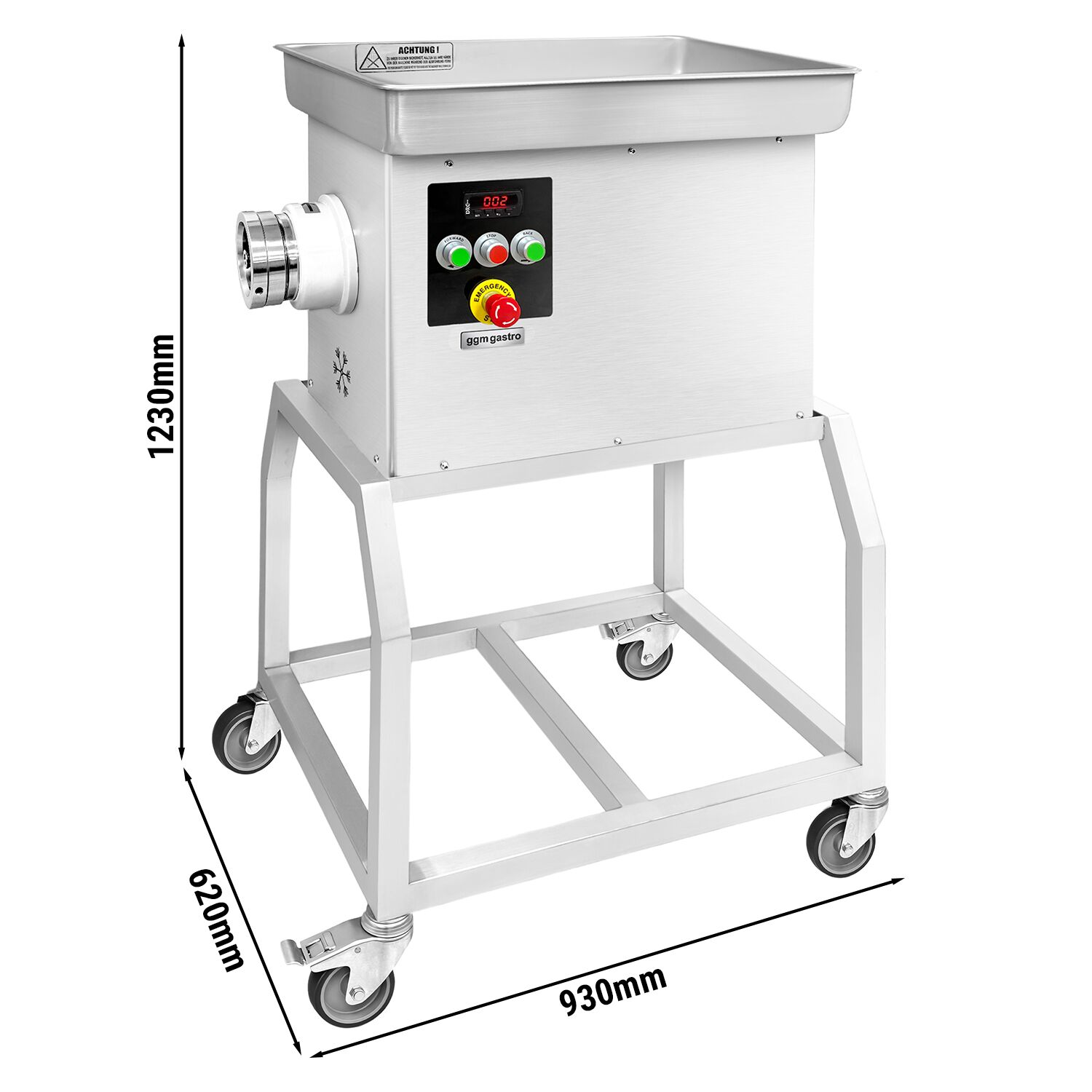 Heavy Duty Electric Meat Mincer Size 32 - 600kg/h - 3 kW - 236rpm - Mincing Plate 3.5mm - with Castors - with Cooling System