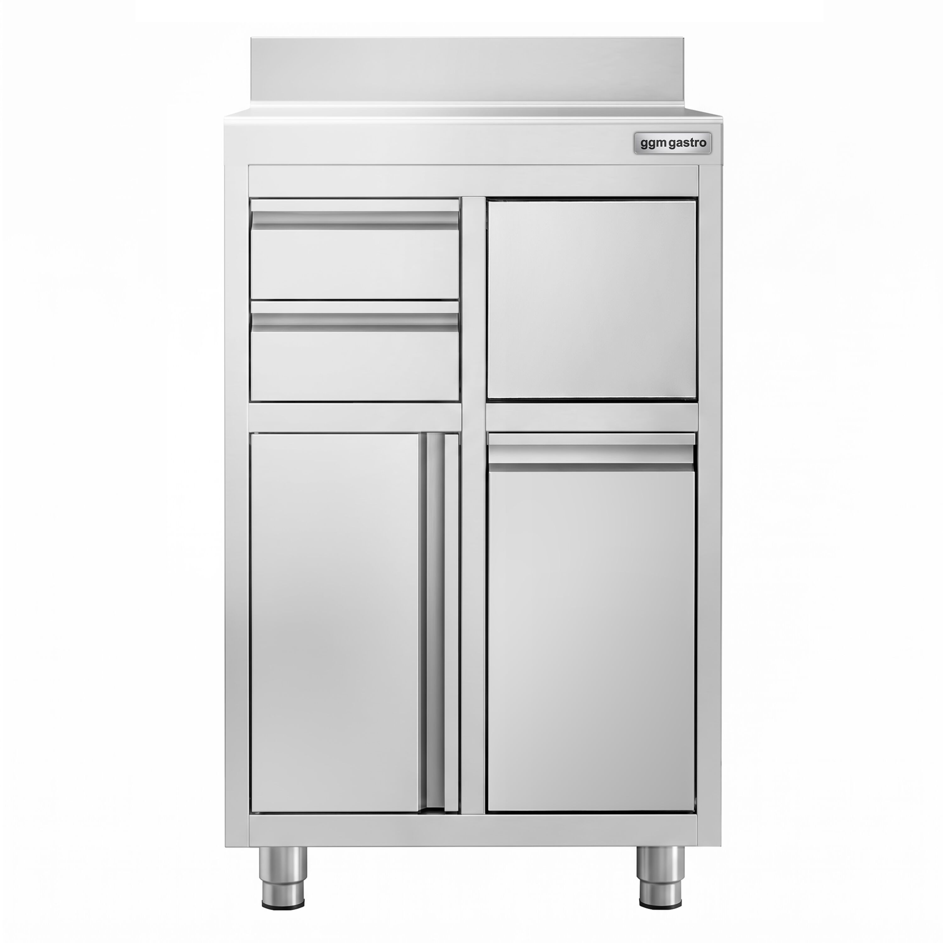 Work cabinet – for coffee machine – 600x600mm – with 1 hinged door, 2 drawers, waste bin & upstand