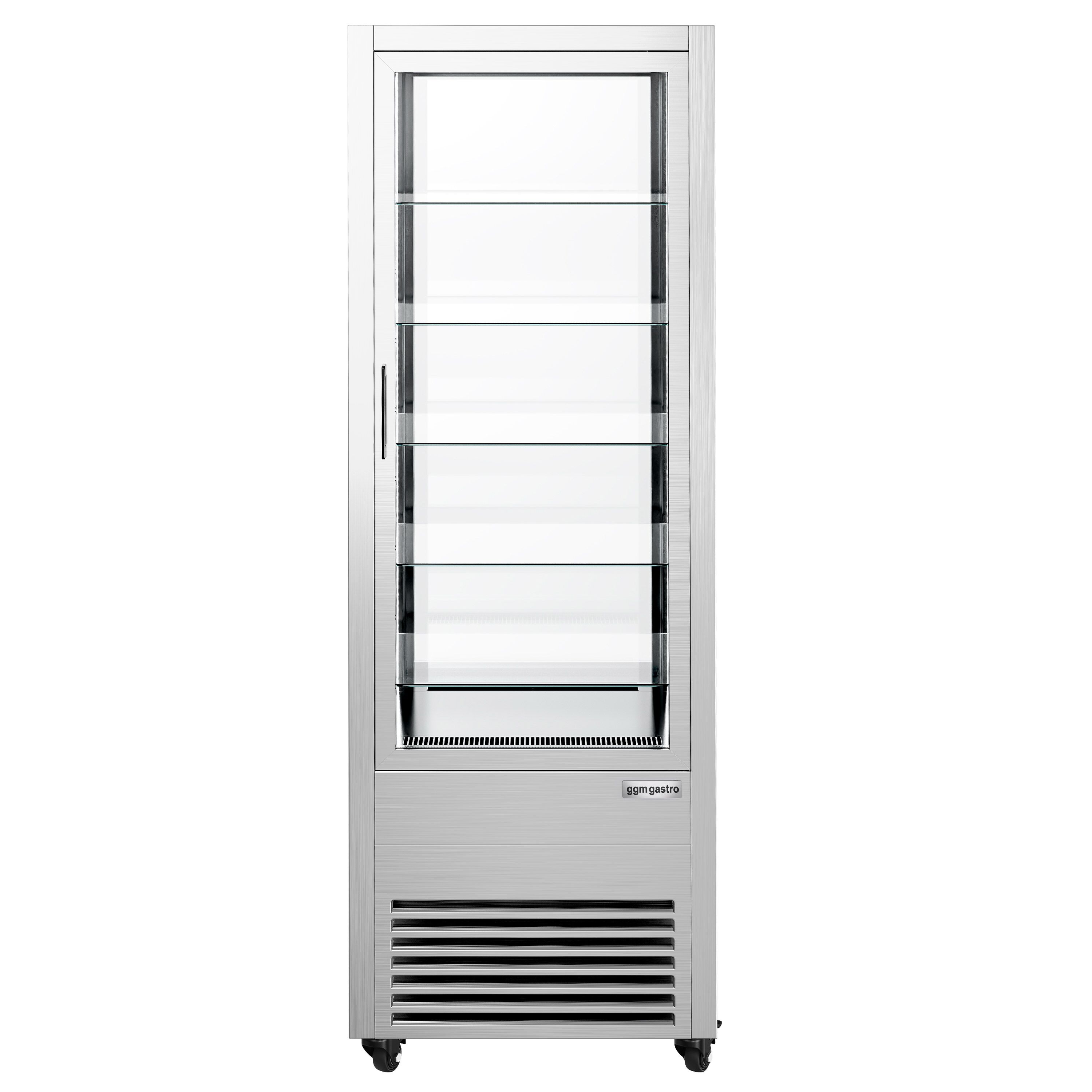 Vitrine réfrigérée 4 faces vitrées / Vitrine panoramique – 440 litres – 2 portes en verre – 5 étagères – Argent