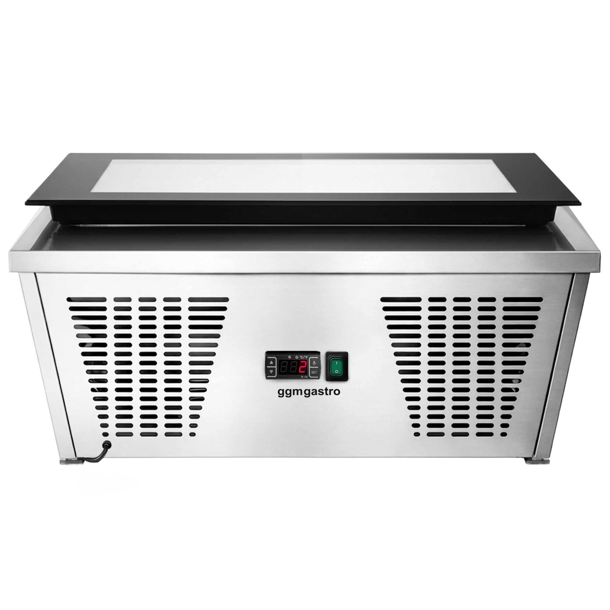 Vitrine à glaces à poser - 867mm - Froid statique - Couvercle vitré basculant - avec éclairage LED - pour 4 bacs de 5 L - Côté service