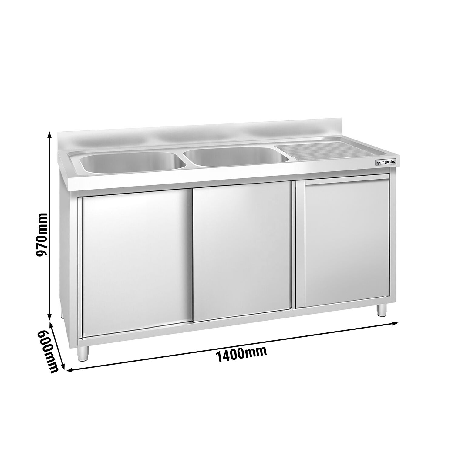 Meuble plonge PREMIUM - 1400x600mm - avec poubelle intégrée et 2 bacs à gauche