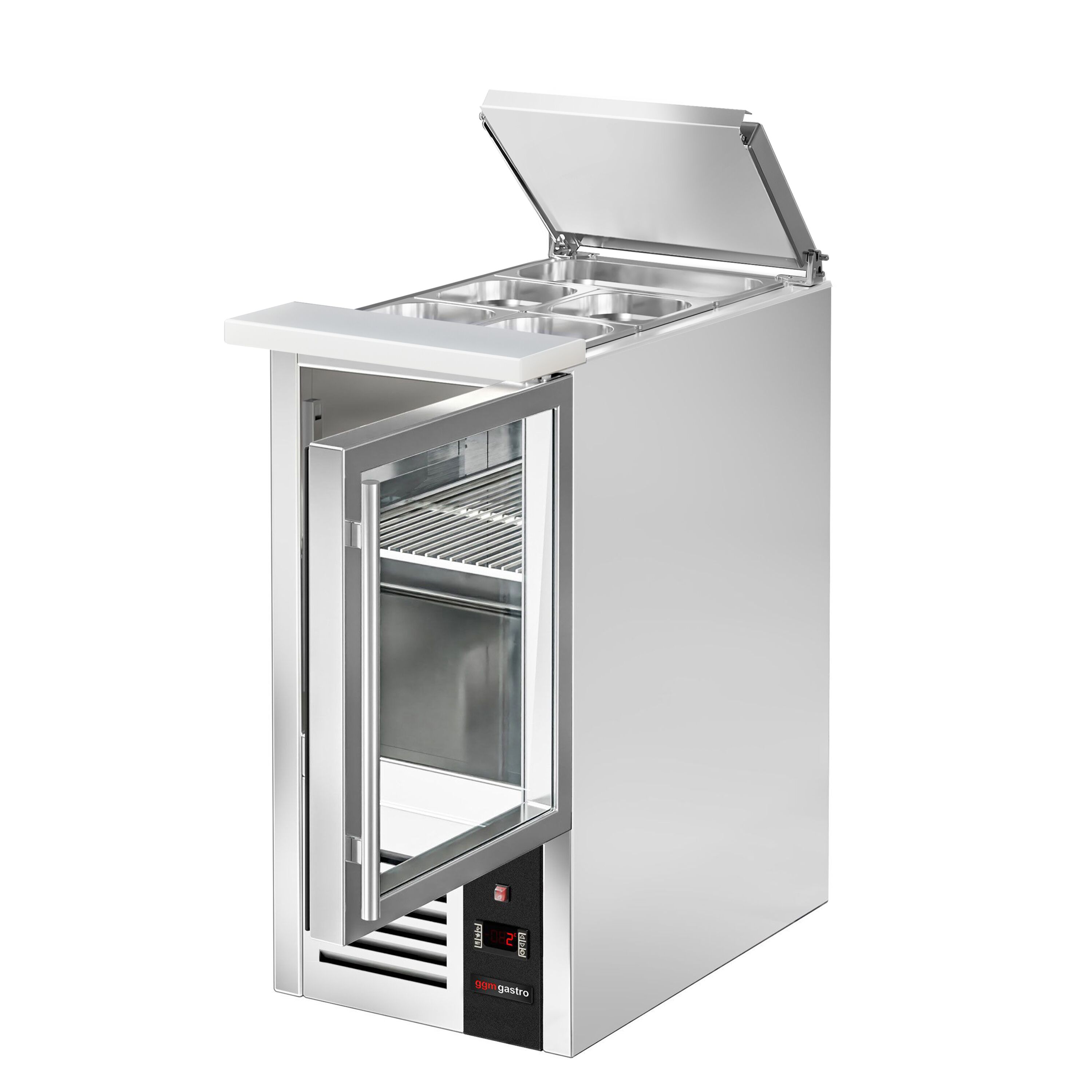 Saladette réfrigérée PREMIUM - 450mm - 102L - 1 porte vitrée - avec découpe pour 1x GN 1/1 & Couvercle inox
