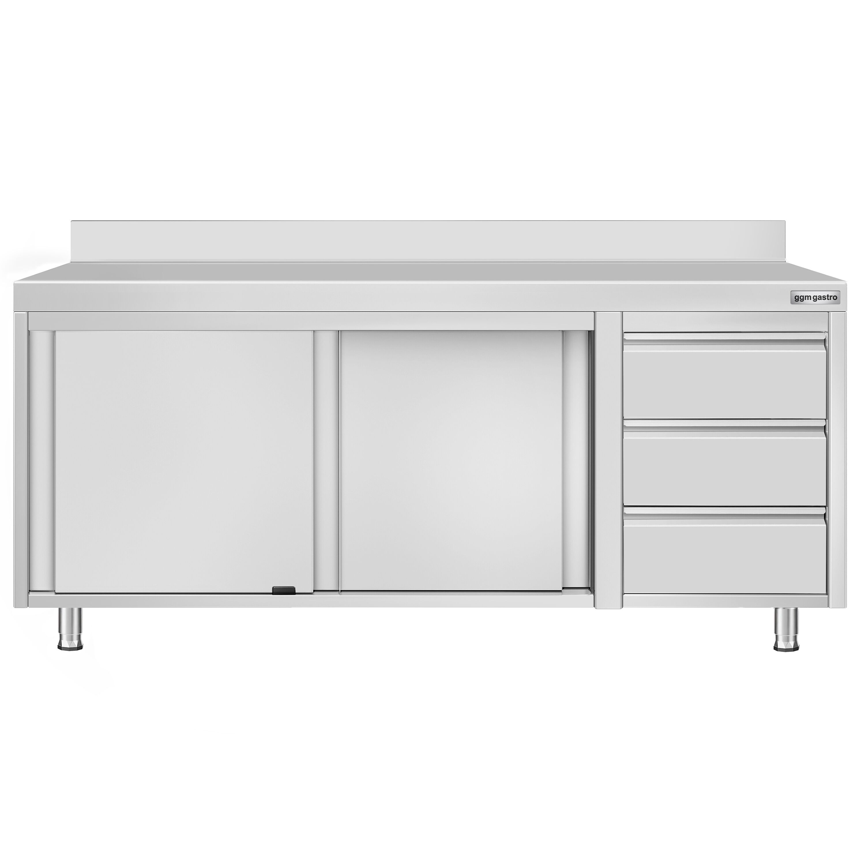 Table armoire en acier inoxydable ECO - 2000x600mm - avec portes coulissantes, 3 tiroirs à droite et étagère basse - avec dosseret