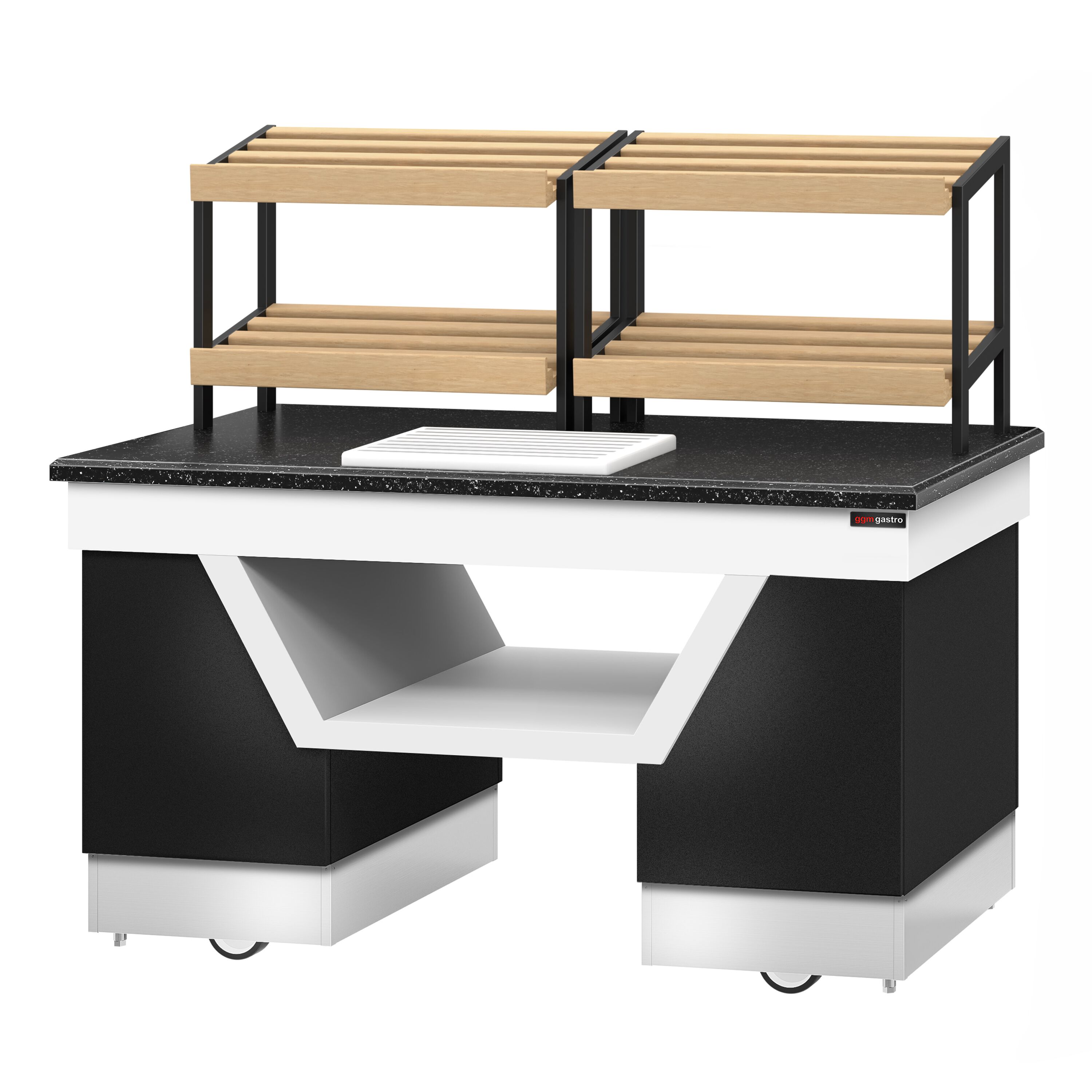 Bakery Display Counter BELFAST - 1600mm - with 2 shelves - on castors - black granite worktop