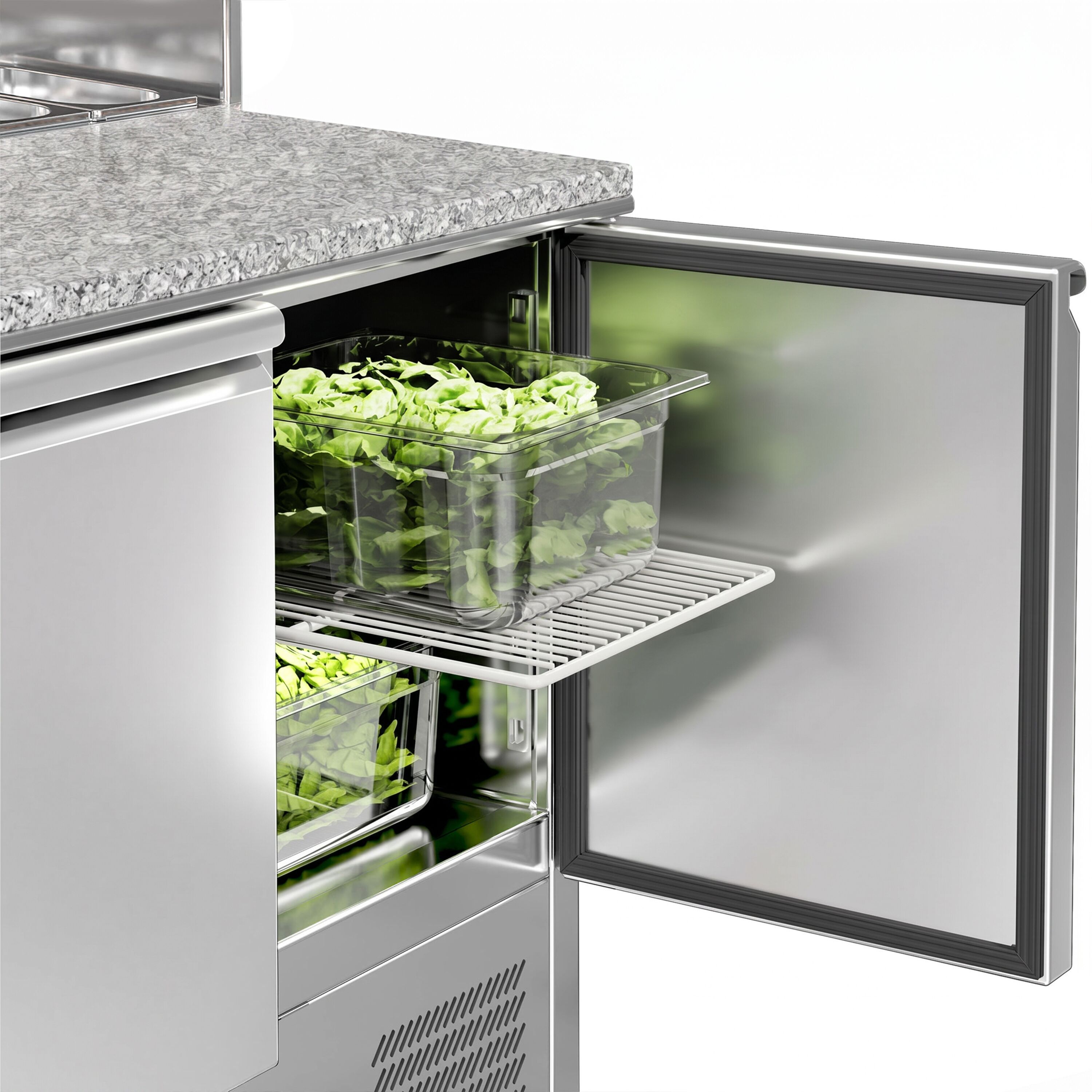 Saladette réfrigérée ECO - 903mm - 240L - façade noire - 2 portes - avec découpe pour 5x GN 1/6 & Couvercle inox - plan de travail en granit noir