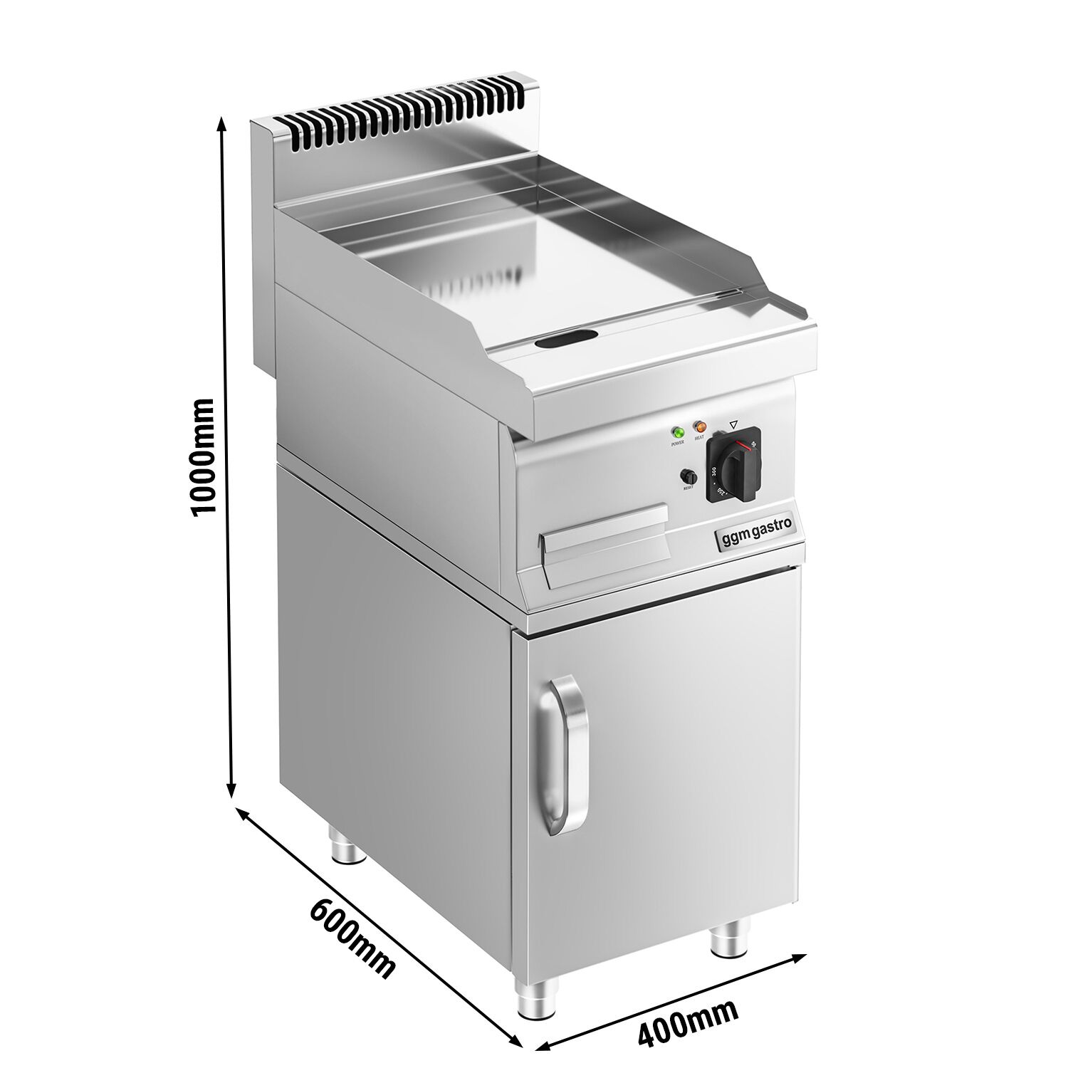 Plancha électrique - plaque chromée dure - 4,5 kW - Lisse - Surface de cuisson : 395x500mm - incl. soubassement avec 1 porte