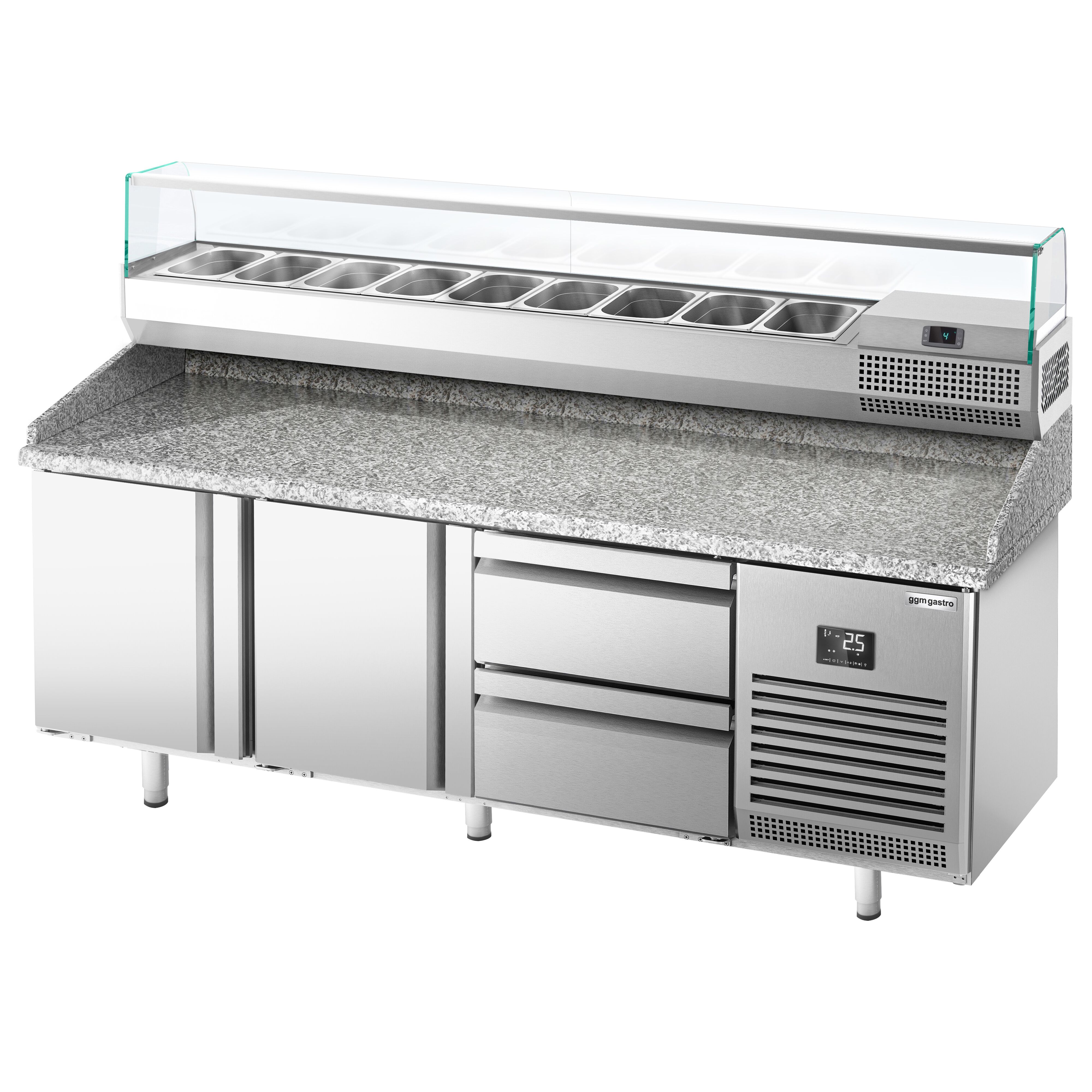 Table réfrigérée à pizza Premium PLUS - 1980x700 mm - avec 2 portes & 2 tiroirs - incl. vitrine réfrigérée - 9x GN 1/4