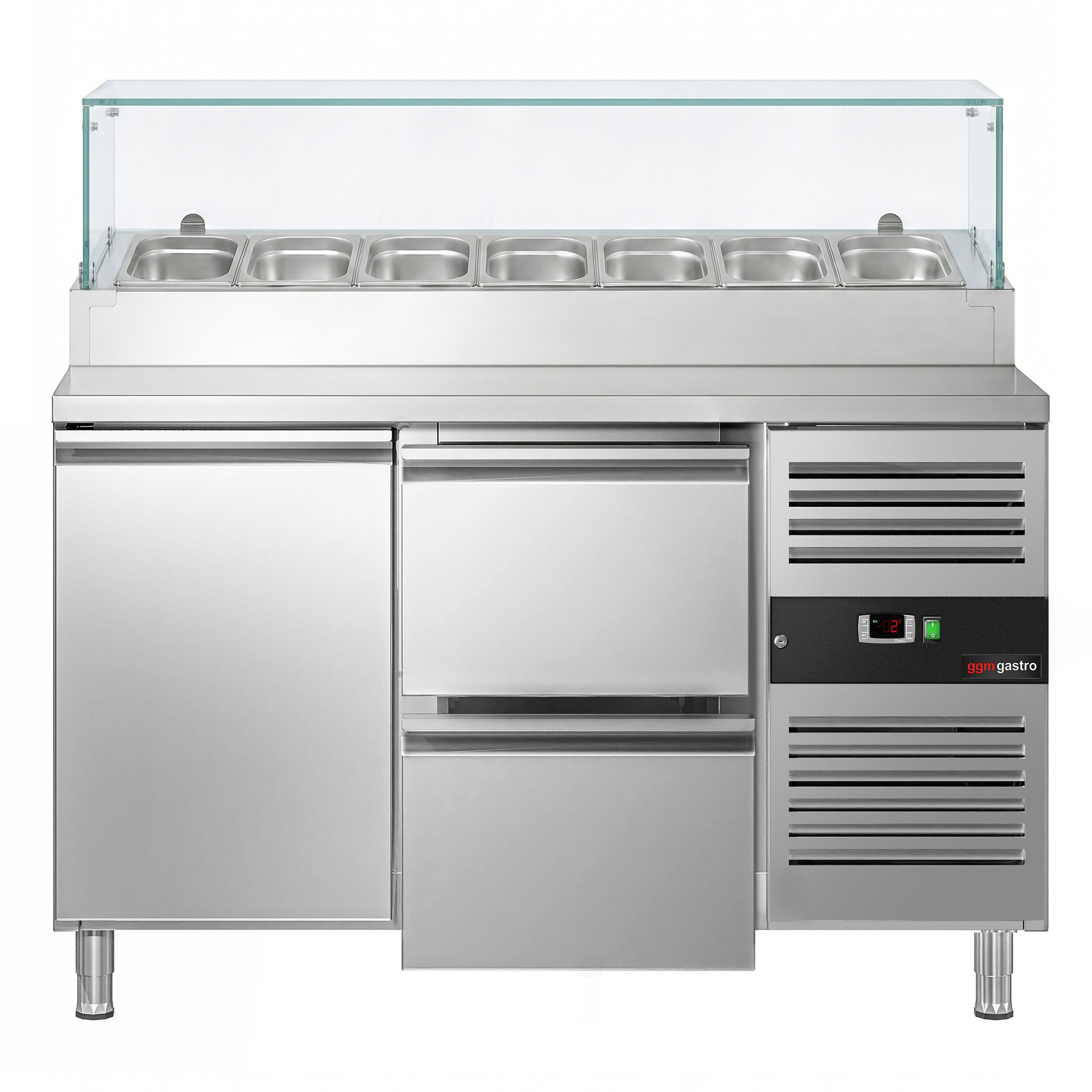 Zubereitungstisch PREMIUM - 1360mm - 1 Tür & 2 Schubladen - mit Glasaufsatz - für 7x GN 1/3