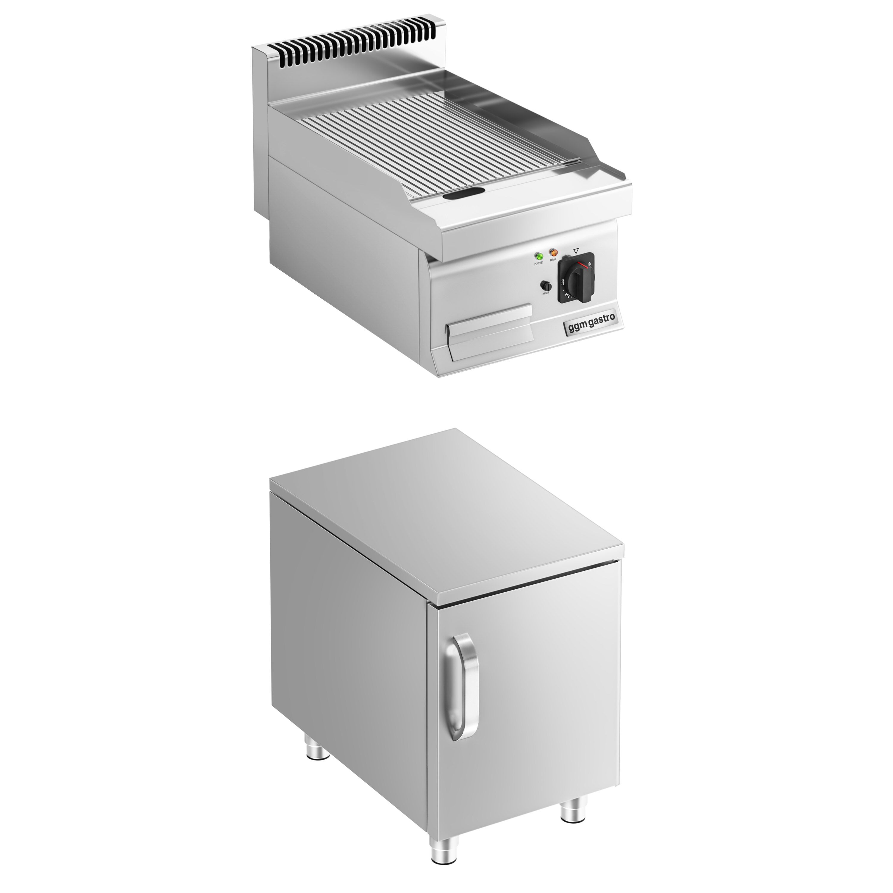 Commercial Electric Griddle - 3.6kW - Ribbed Plate - Cooking area: 395x535mm - with Cabinet Base - 1 Door