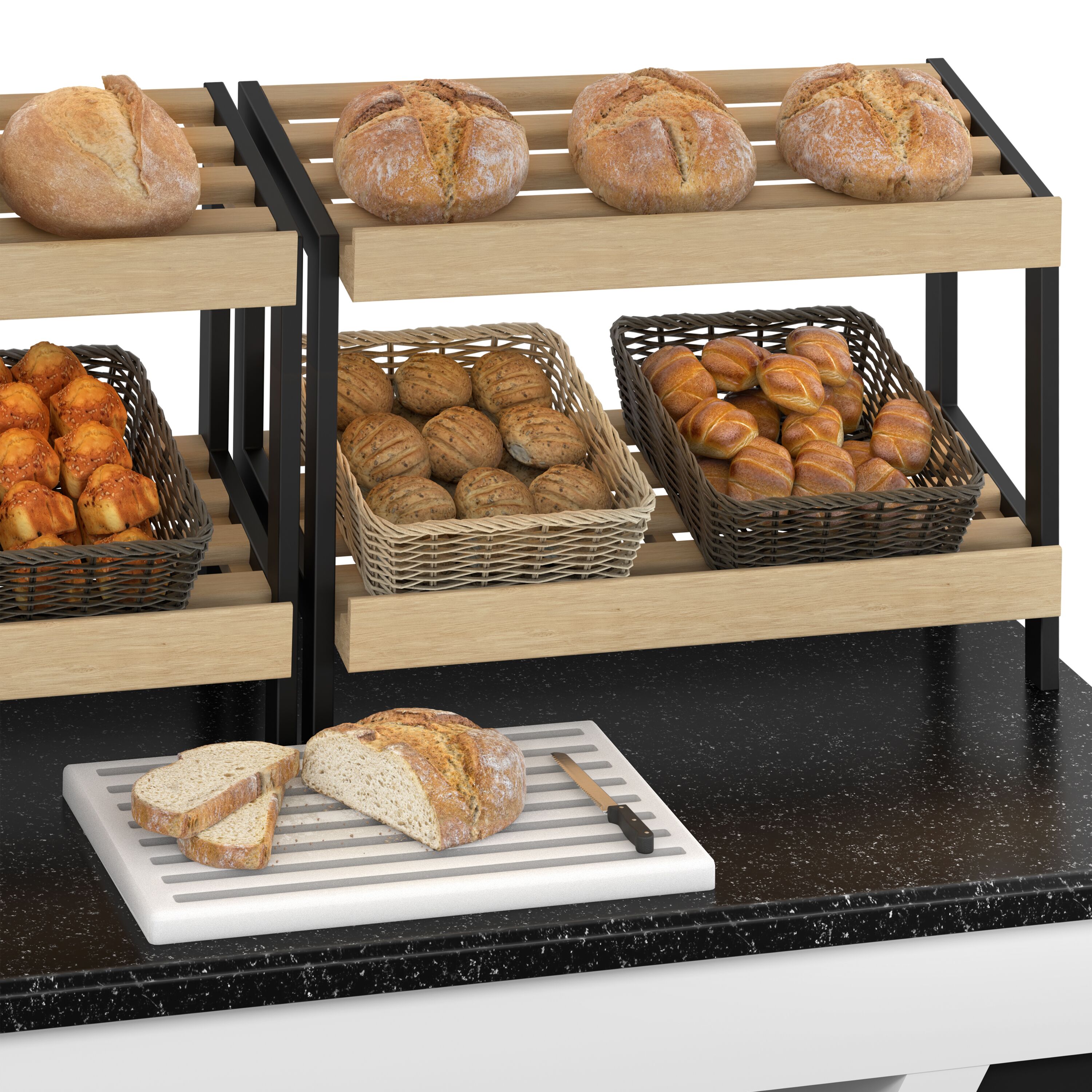 Bakery Display Counter BELFAST - 1600mm - with 2 shelves - on castors - black granite worktop